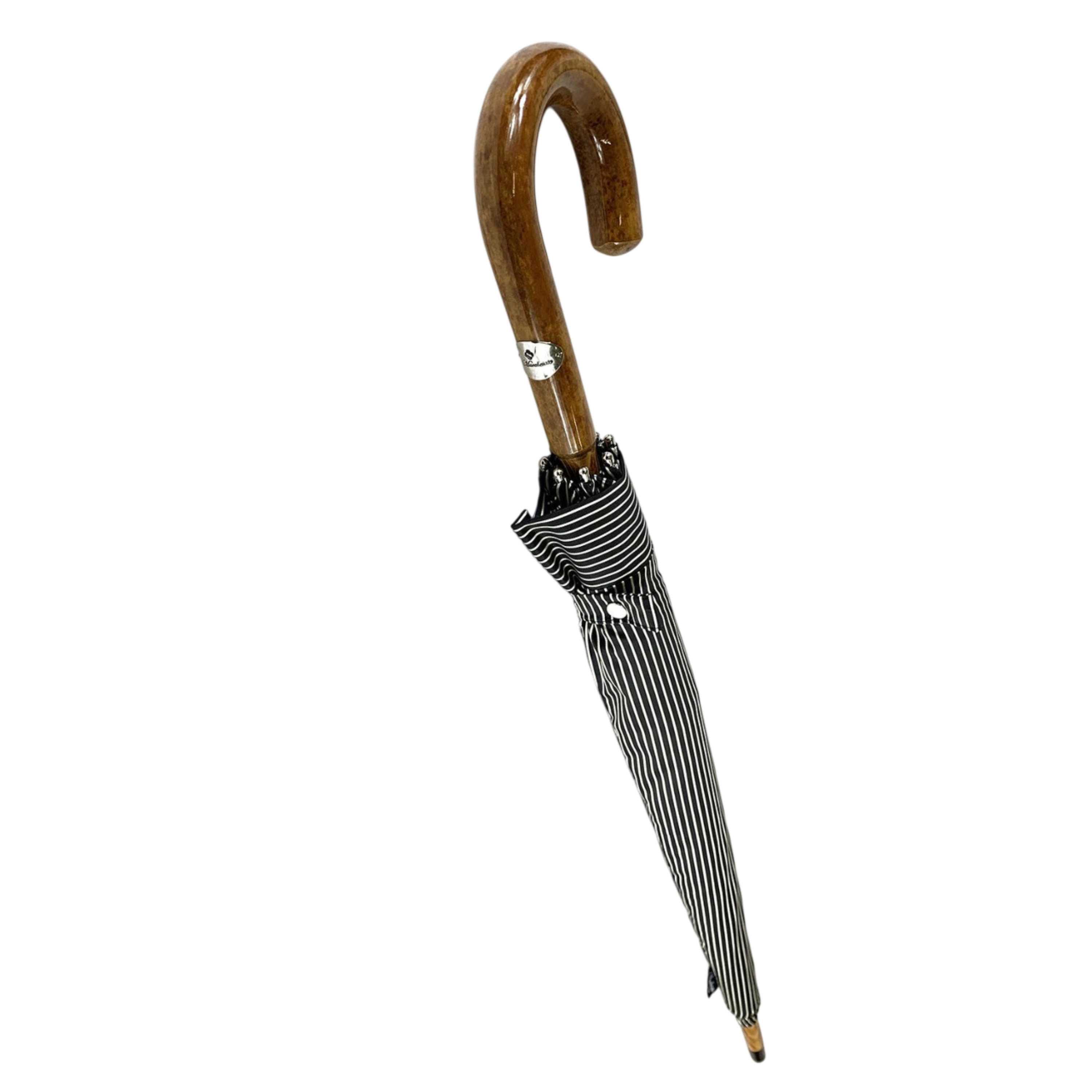 Black and white bespoke men's umbrella with hand-curved Malacca wood handle, elegant and stylish for rainy days.