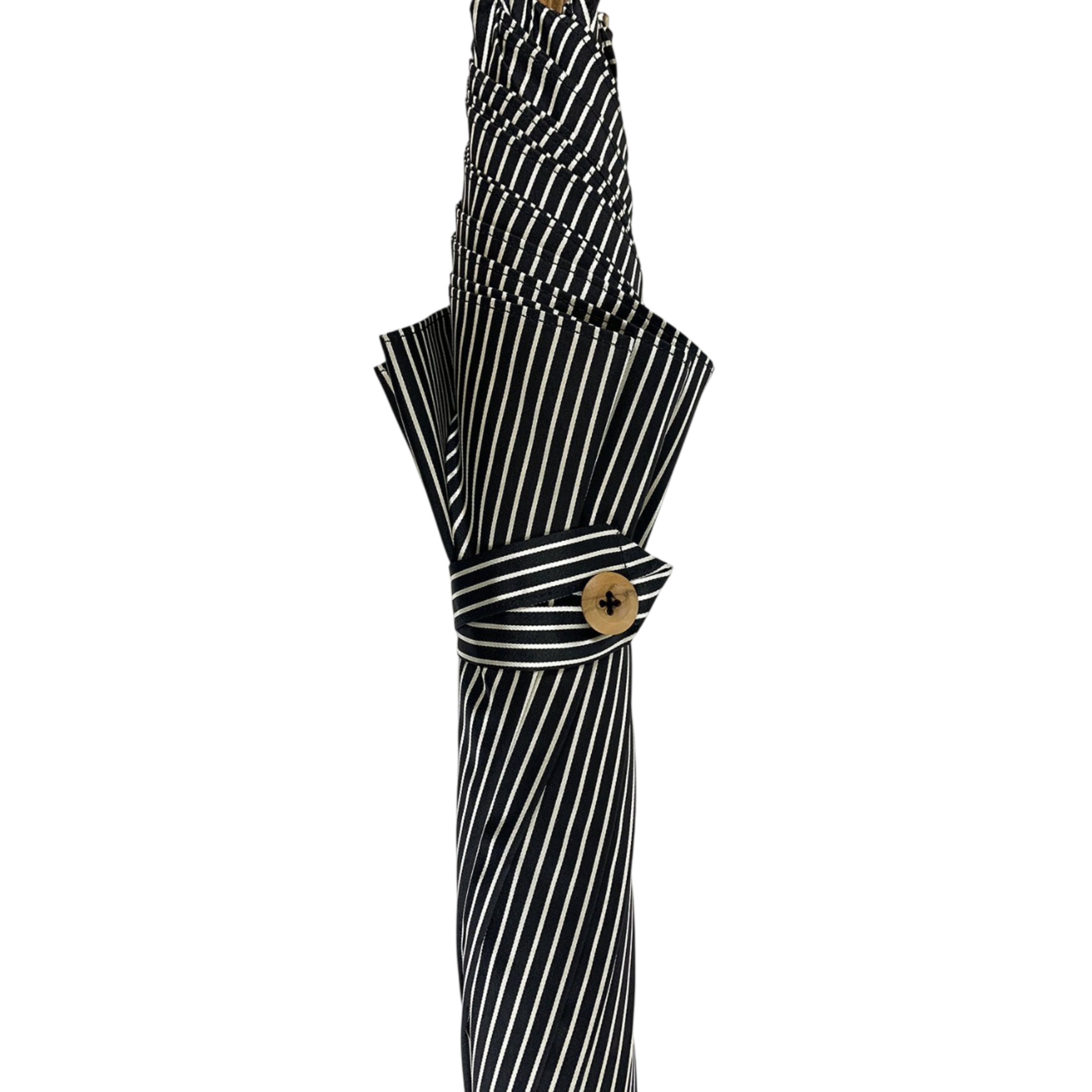 Black and white bespoke men's umbrella with hand-curved Malacca wood handle, designed for elegant protection.
