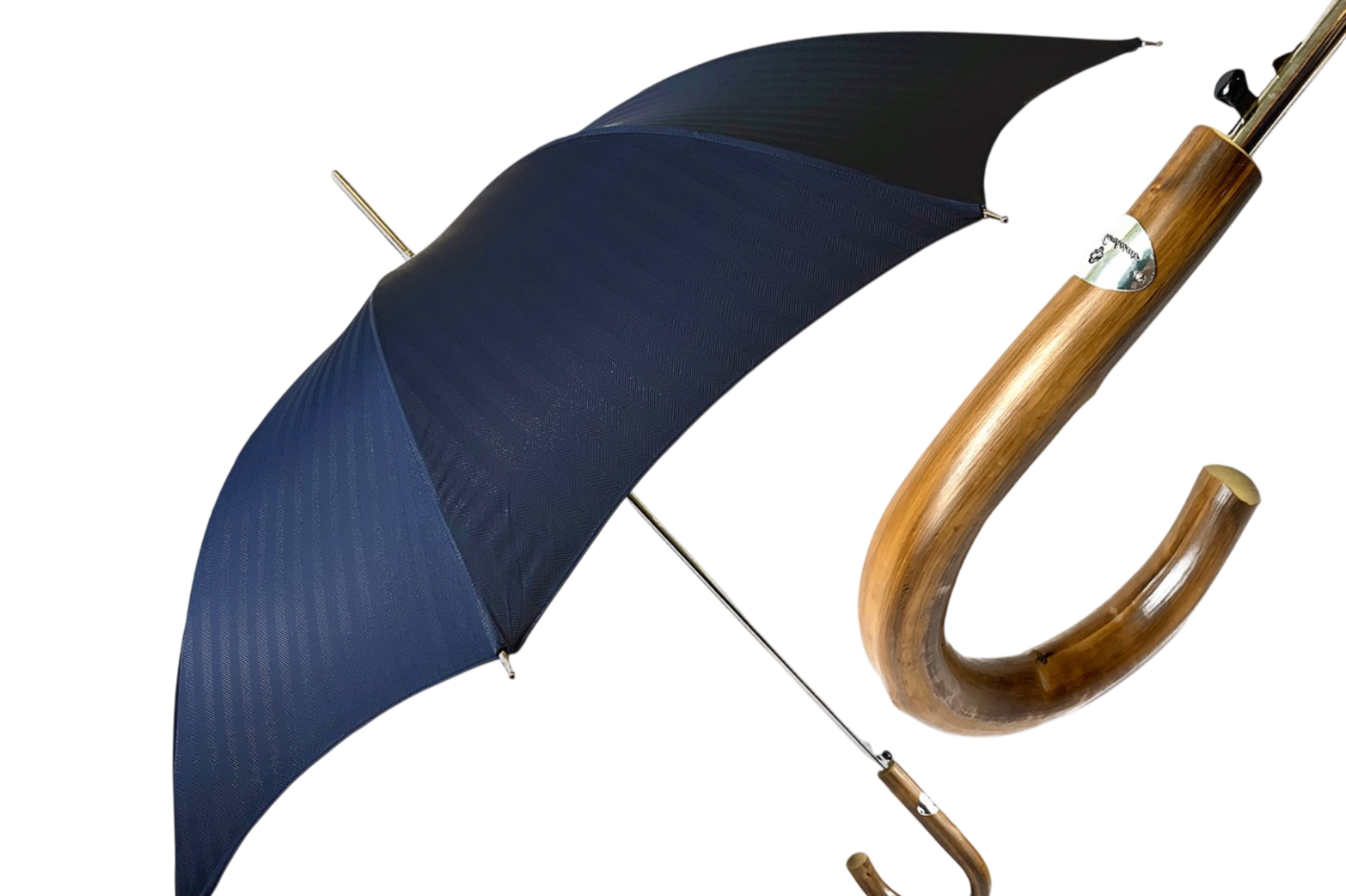 Navy blue gentleman’s umbrella with a chestnut root handle by Ilmarchesato, showcasing elegant design and craftsmanship.