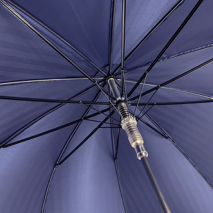 Navy blue gentleman's umbrella with a chestnut root handle by Ilmarchesato, showcasing elegant design and craftsmanship.