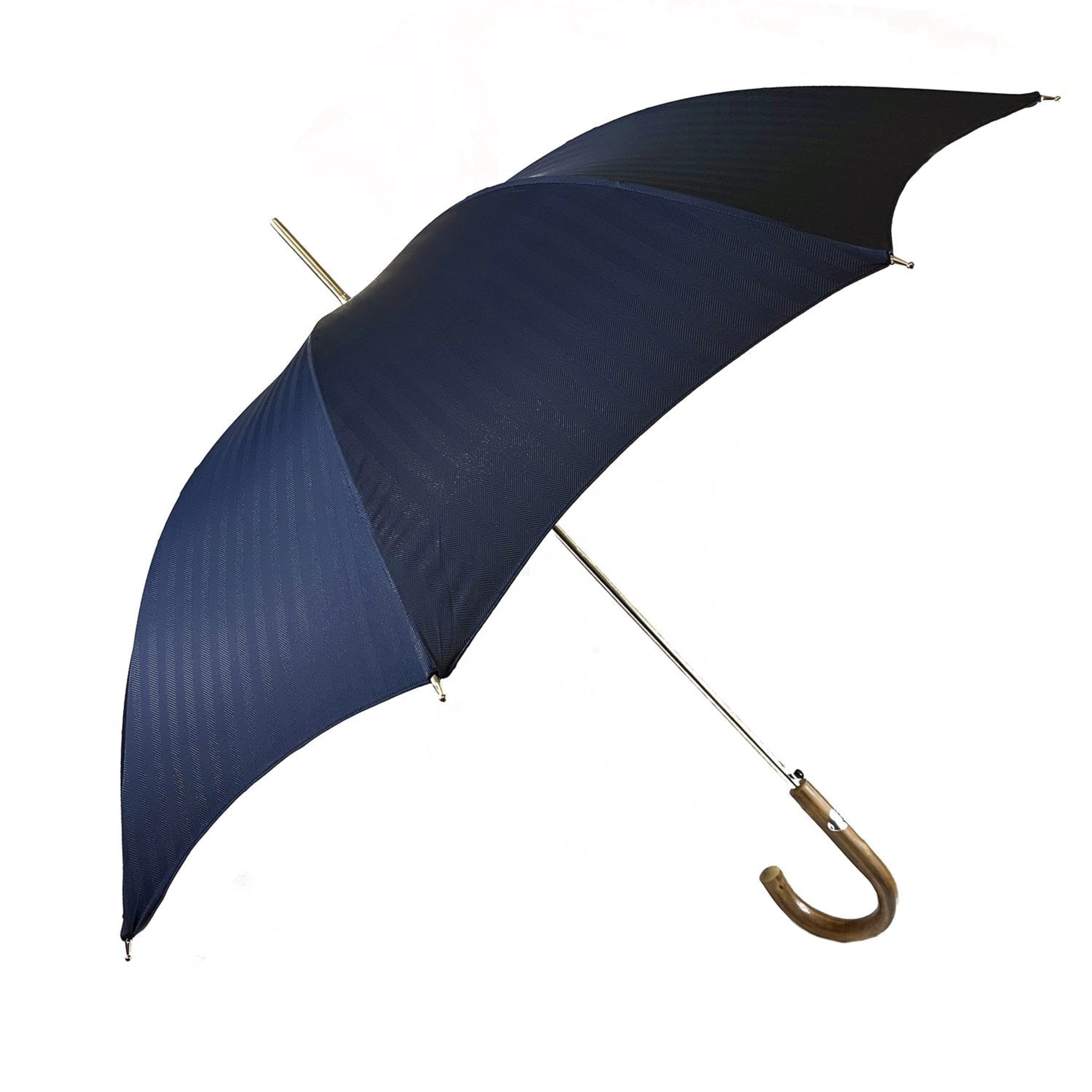 Navy blue gentleman’s umbrella with a chestnut root handle by Ilmarchesato, featuring a classic and elegant design.