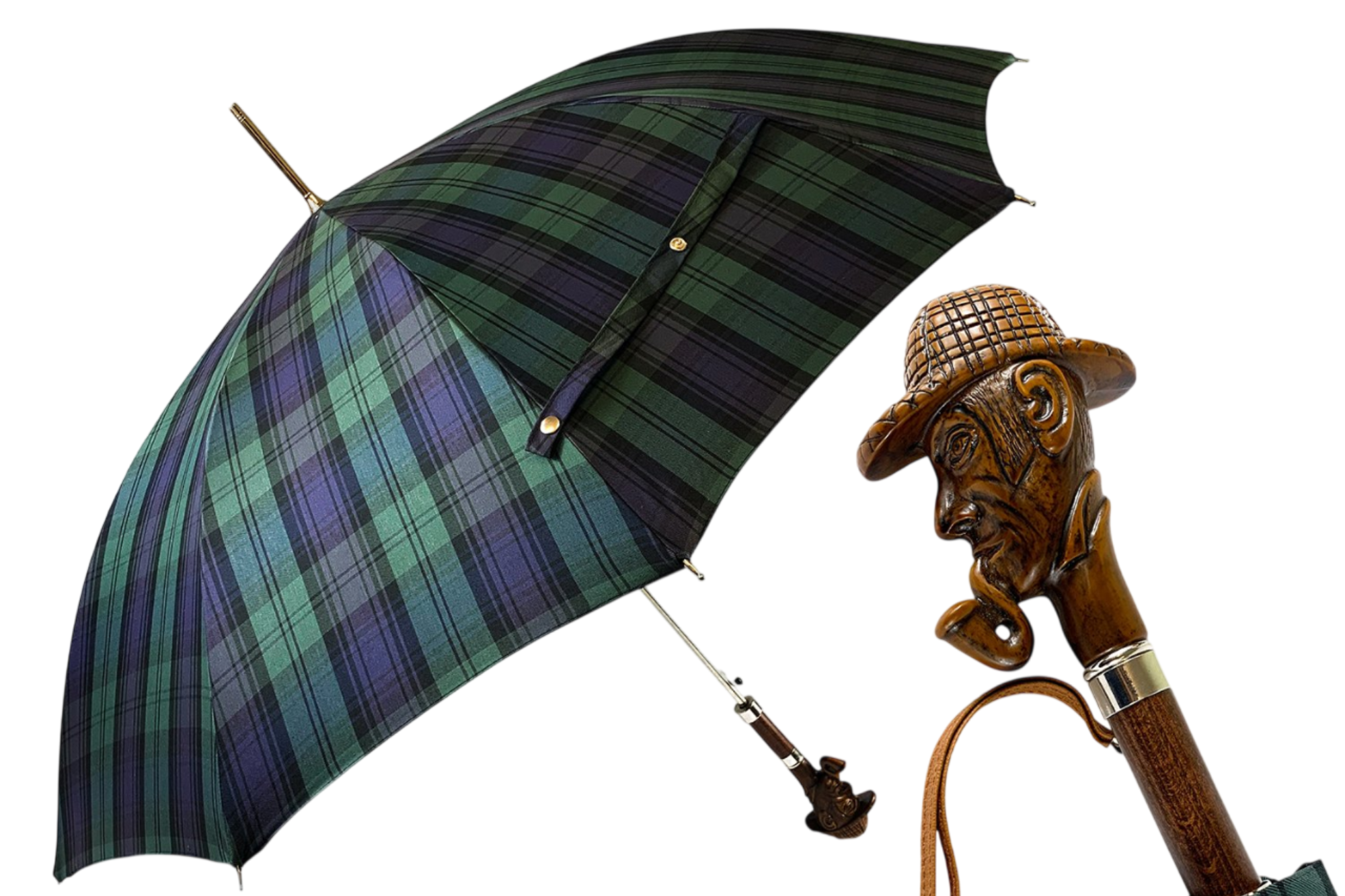 Sherlock Holmes-inspired Ilmarchesato gentleman's umbrella featuring an antiqued handle and classic design.