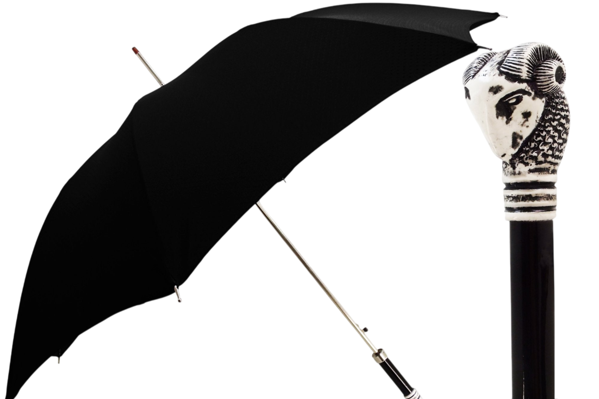 Ilmarchesato black gentleman's umbrella featuring a sculpted ram head handle, showcasing elegance and style for men.