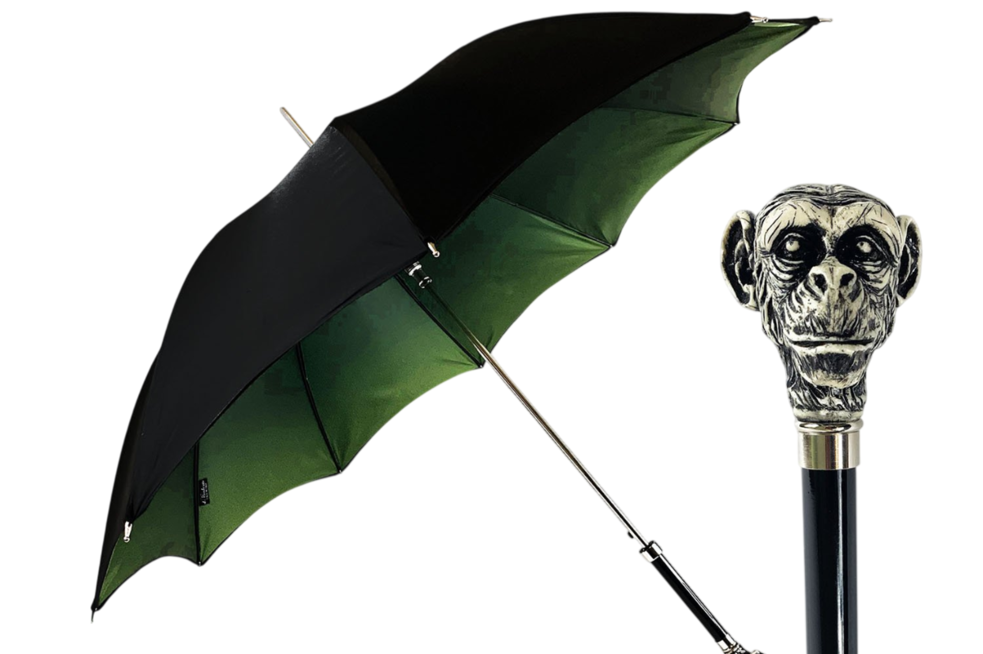 Men's artisan umbrella by Ilmarchesato featuring a hand-painted monkey handle and classic canopy for stylish rain protection.