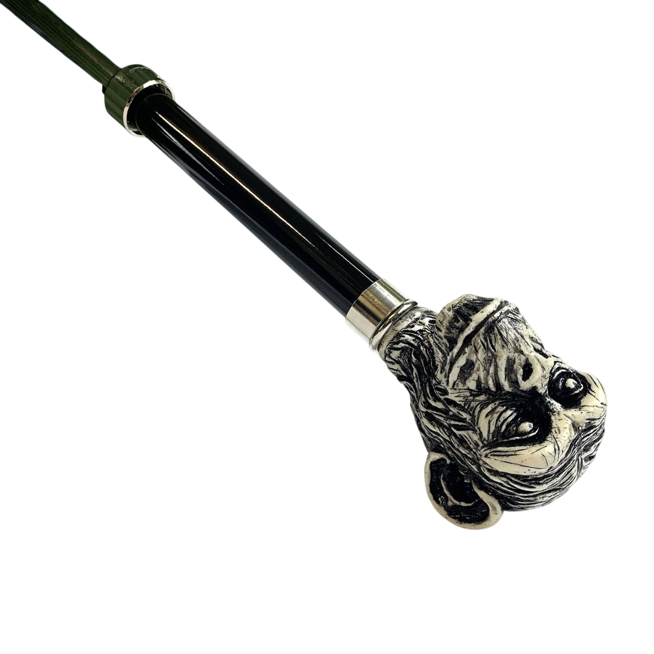 Men's artisan umbrella by Ilmarchesato with a hand-painted monkey handle, featuring a classic canopy and elegant design.