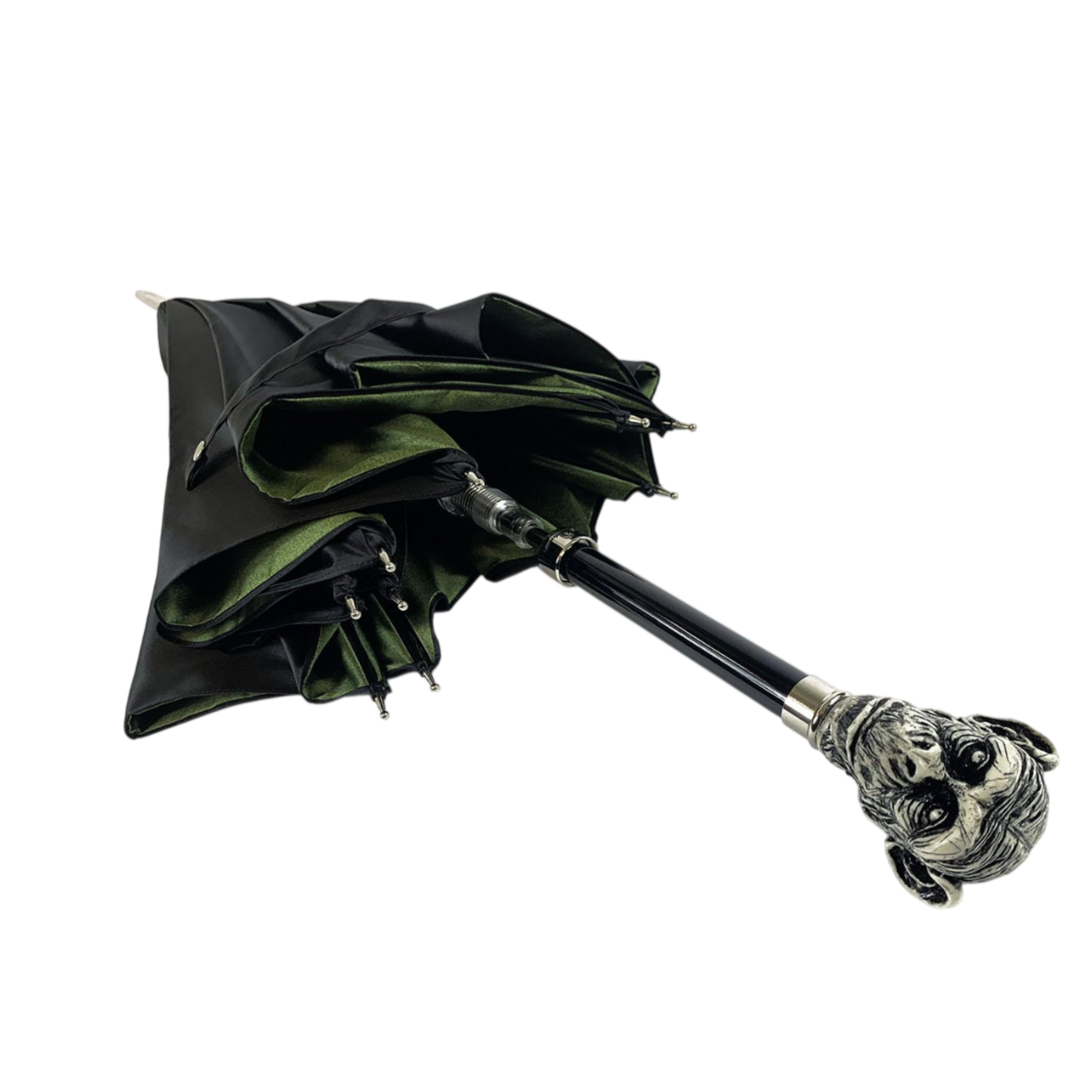 Men's artisan umbrella by Ilmarchesato with a hand-painted monkey handle, featuring a classic canopy and sturdy frame.