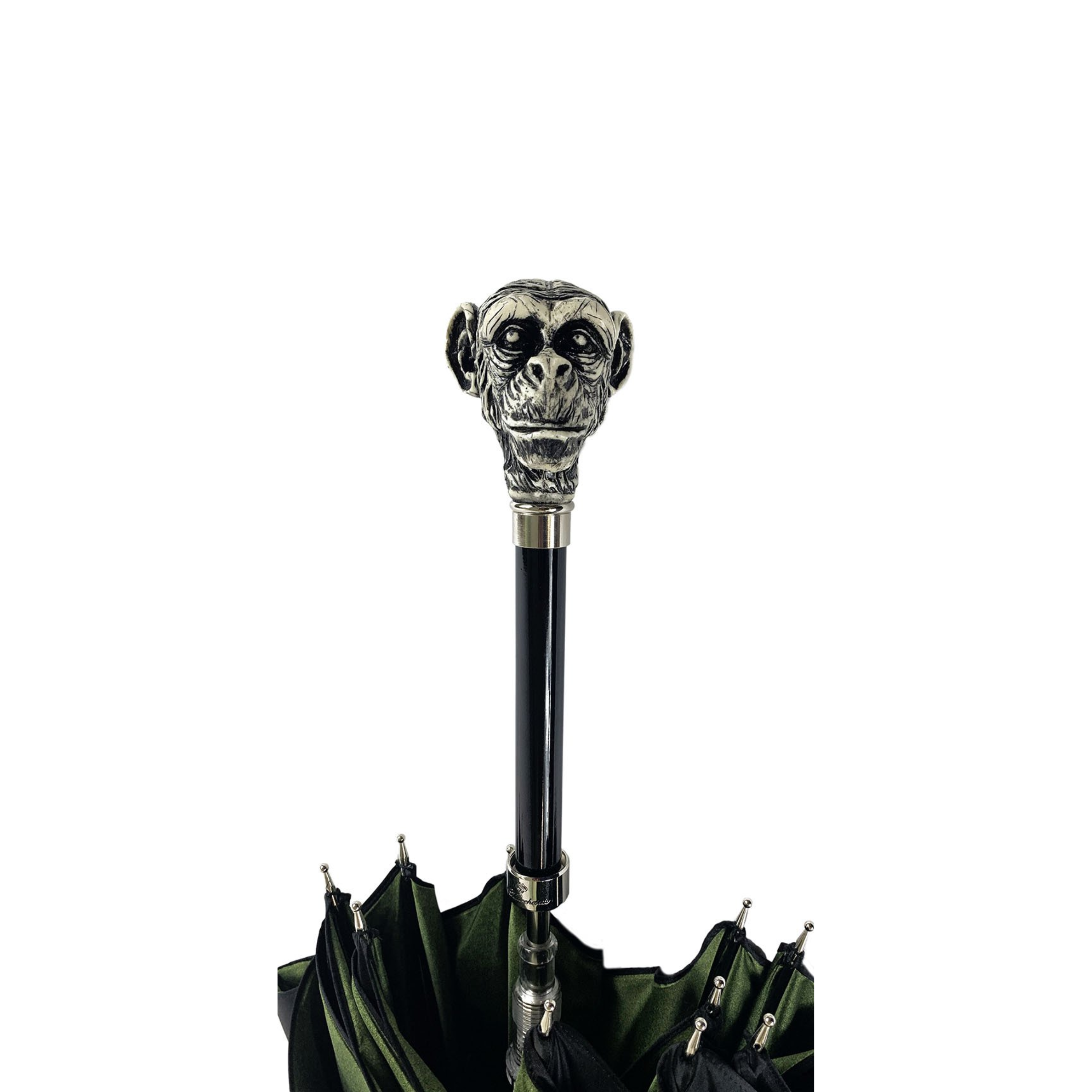 Ilmarchesato artisan men's umbrella featuring a hand-painted monkey handle and classic canopy design.