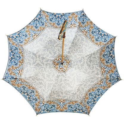 Refined ladies' rain umbrella with a hand-painted design and 24K gold handle by Ilmarchesato, open to show intricate details.