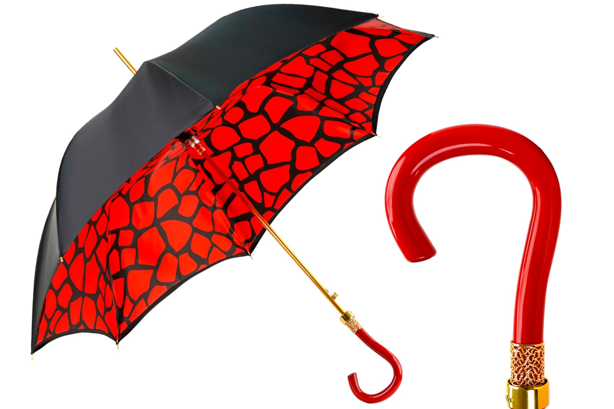 Black and red couture rain umbrella with gold filigree handle, stylish and elegant accessory for rainy days.