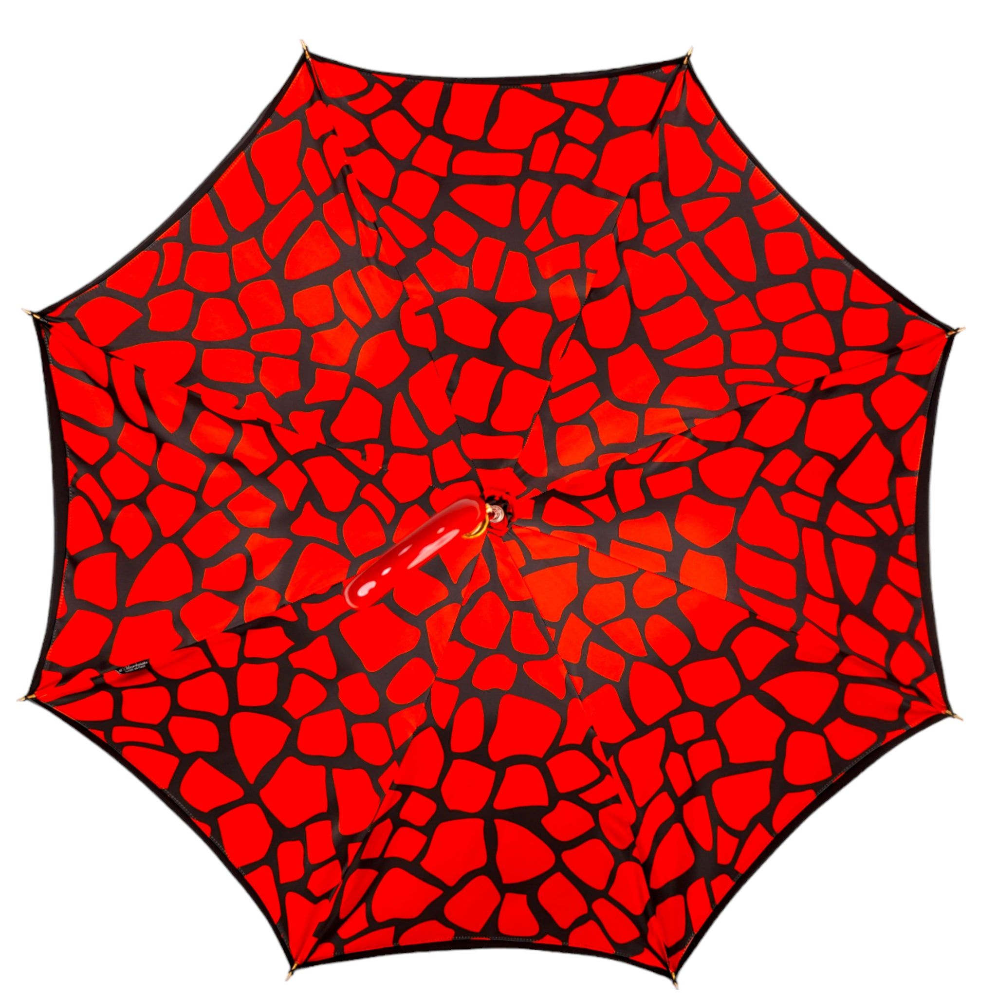 Black and red couture rain umbrella with gold filigree handle, featuring elegant design and sturdy canopy.