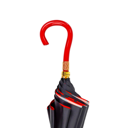 Black and red couture rain umbrella with gold filigree handle, stylish and elegant, by Ilmarchesato.