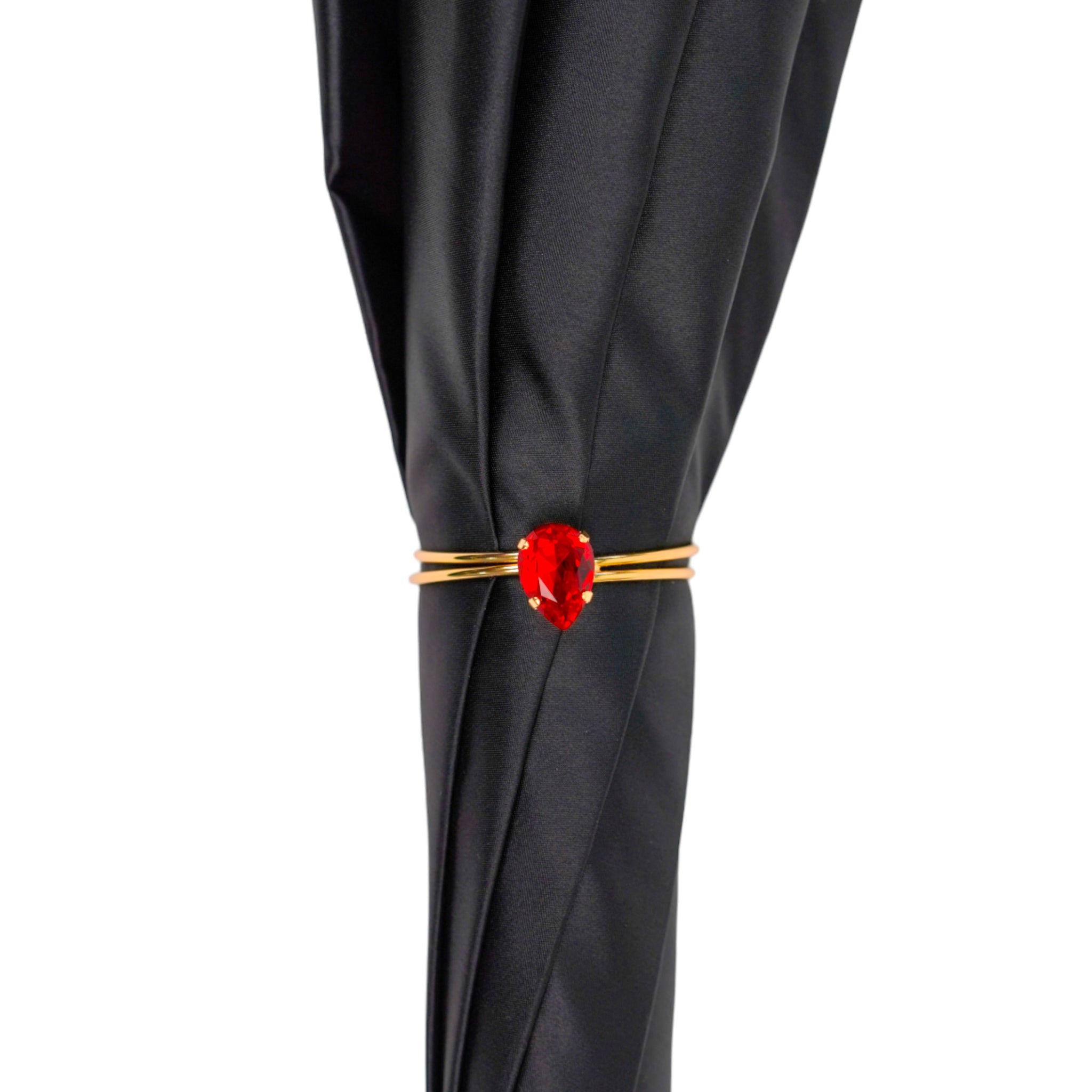 Black and red couture rain umbrella with gold filigree handle, stylish and elegant accessory by Ilmarchesato.