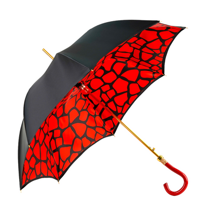 Black and red couture rain umbrella with gold filigree handle, stylish and elegant accessory by Ilmarchesato