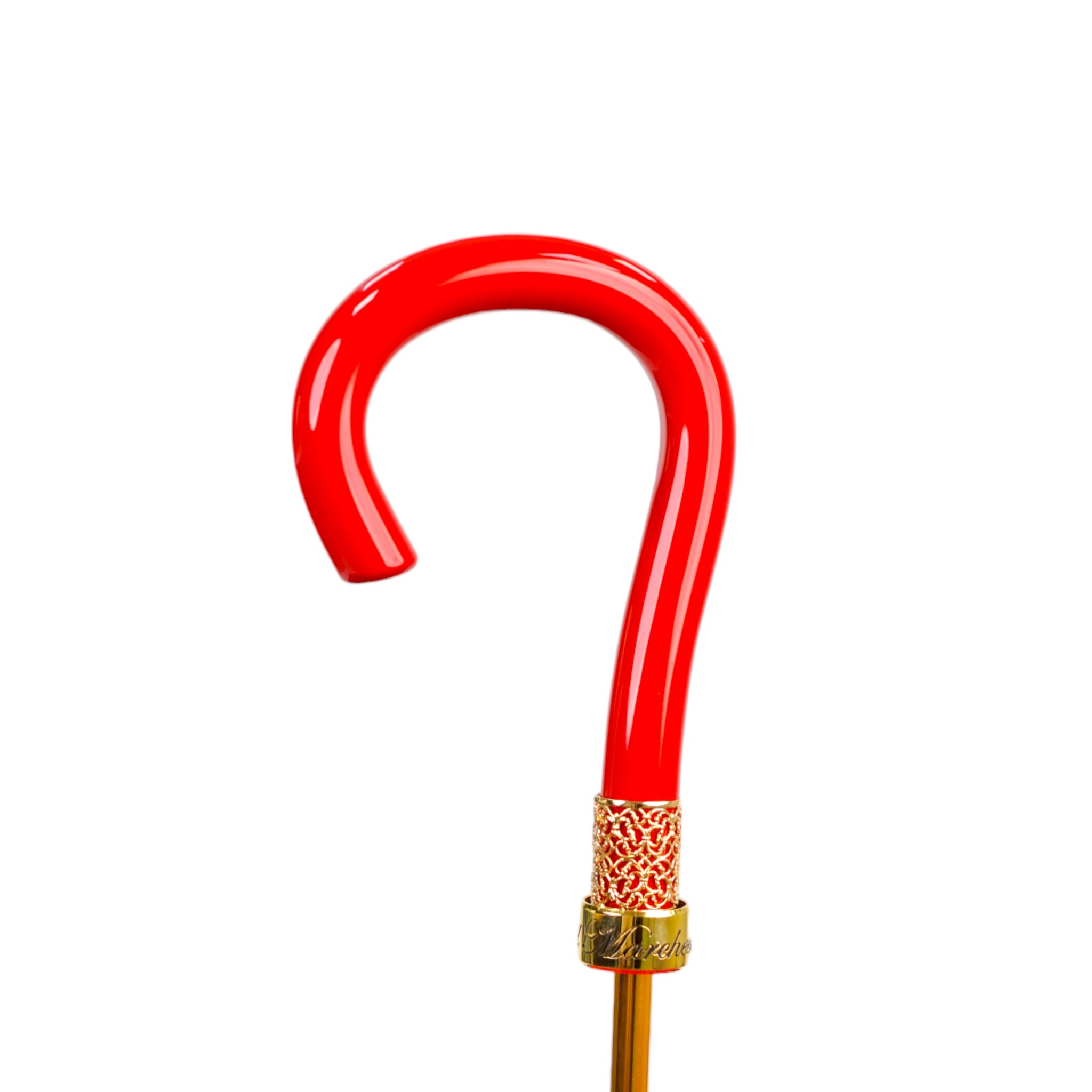 Black and red couture rain umbrella with gold filigree handle, featuring elegant fabric and intricate handle details.