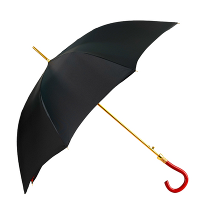Black and red couture rain umbrella with gold filigree handle, stylish design and sturdy canopy by Ilmarchesato.
