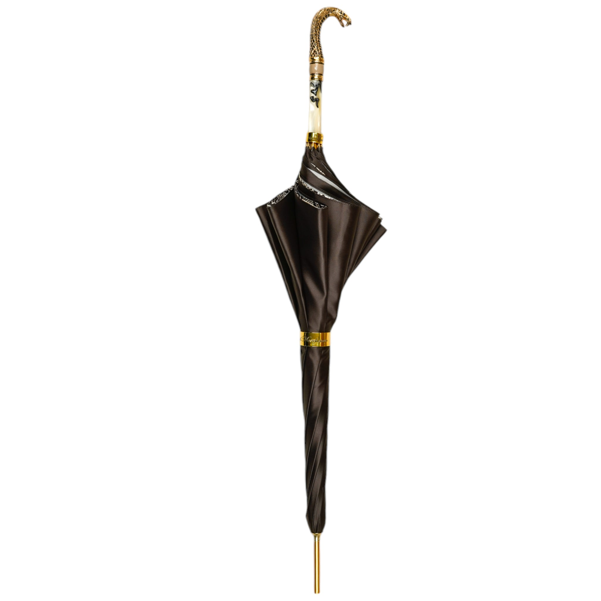 Luxury rain umbrella with a golden cobra designer handle by Ilmarchesato, featuring an elegant umbrella for women.