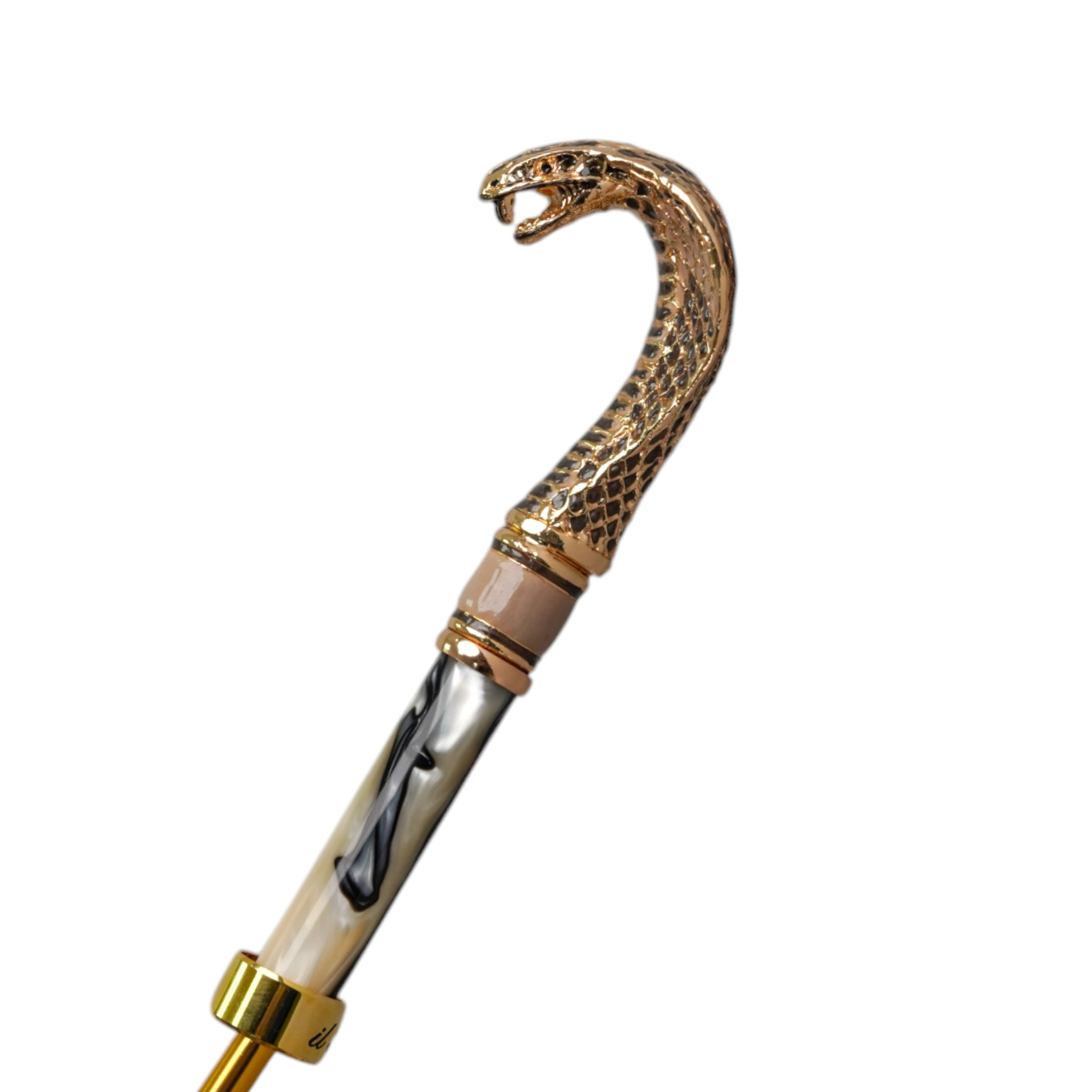Luxury golden cobra designer handle rain umbrella for women by Ilmarchesato, featuring an elegant and stylish umbrella design.