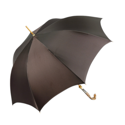 Golden cobra-designed handle on luxury Ilmarchesato rain umbrella for women, showcasing elegant and stylish craftsmanship.