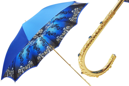 Blue floral double cloth rain umbrella for women by Ilmarchesato, showcasing a luxurious design and sturdy double canopy.
