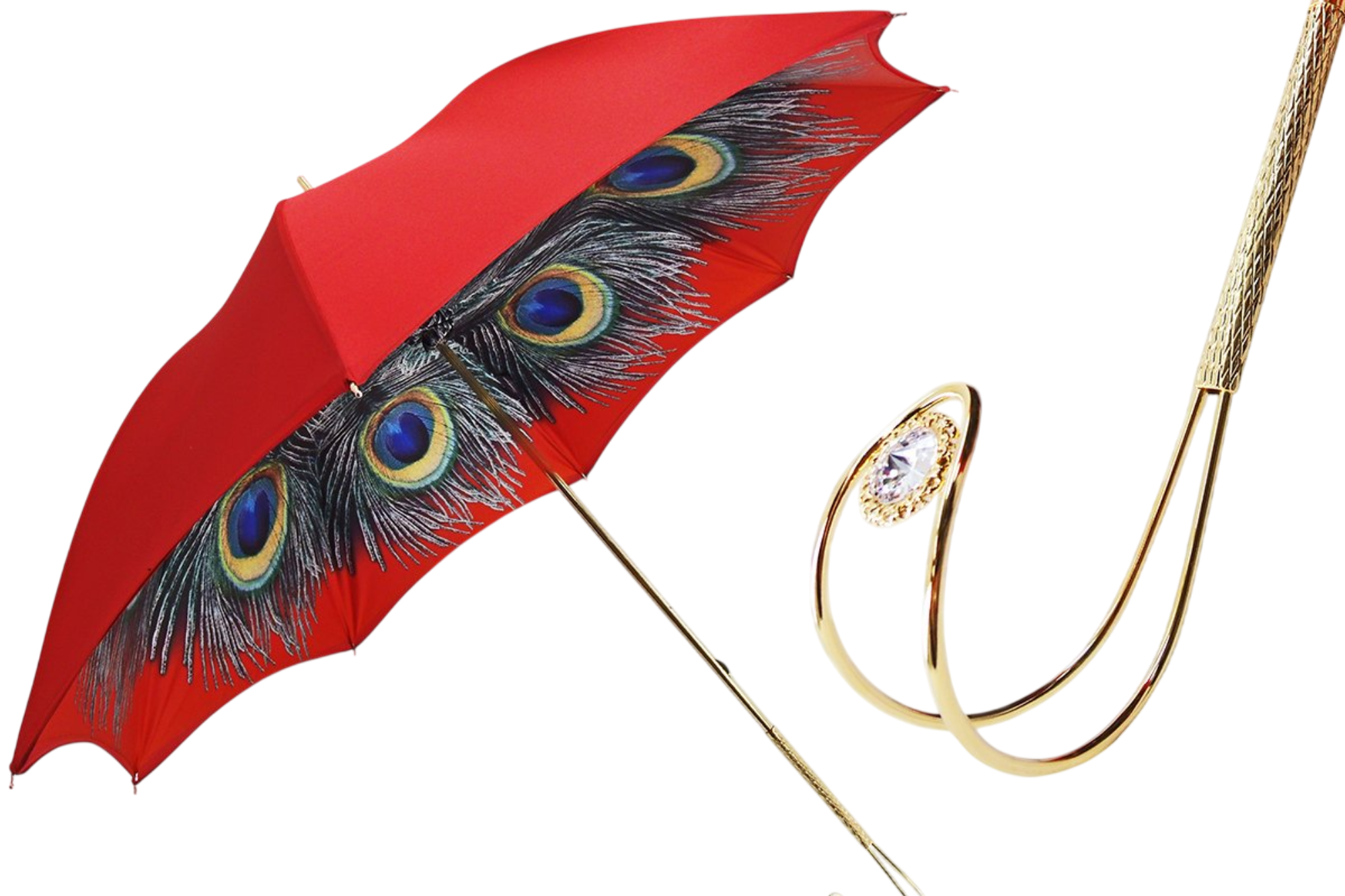 Elegant red satin women's rain umbrella with peacock print by Ilmarchesato, featuring a stylish and decorative design.