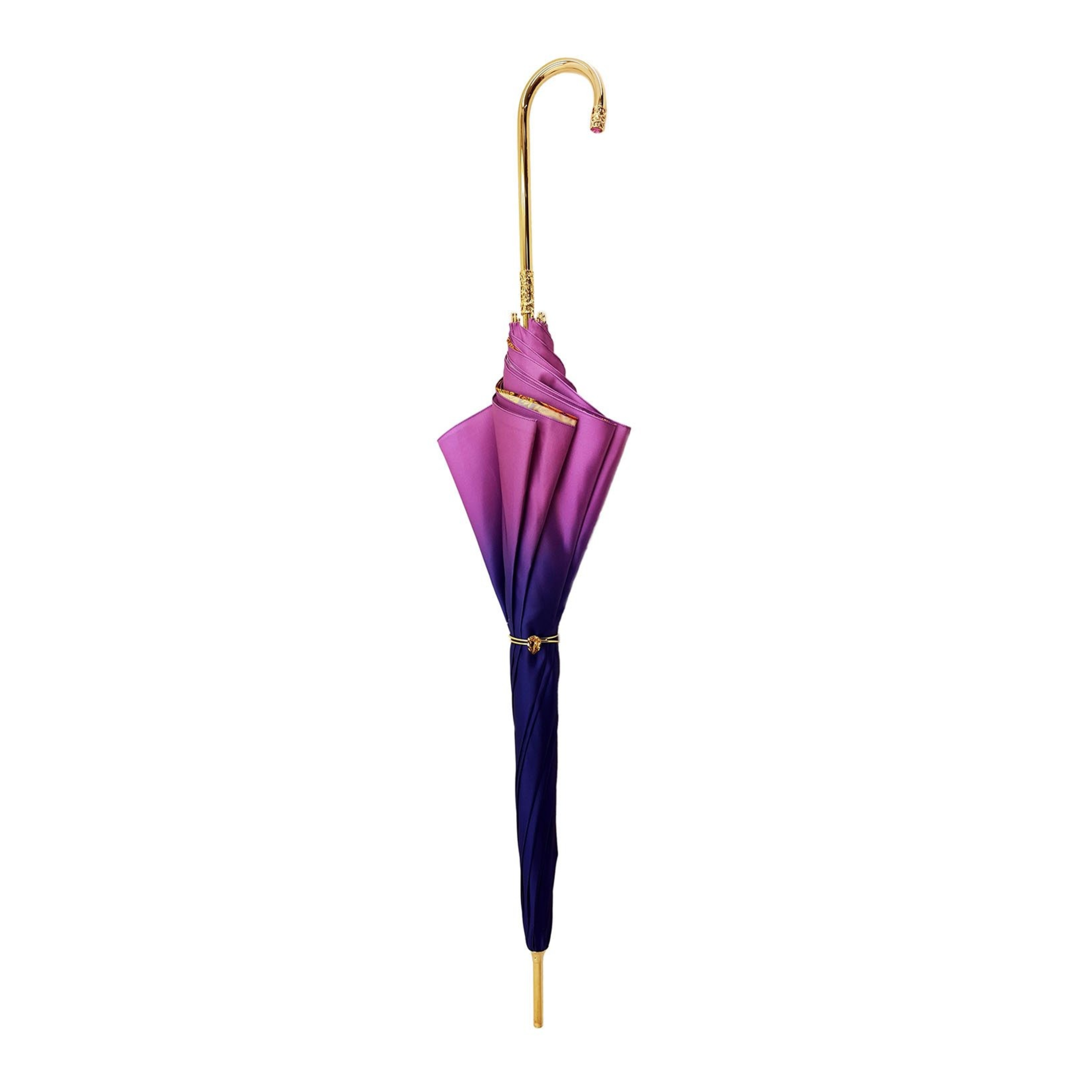 Vibrant pink and blue double canopy rain umbrella with artistic interior design by Ilmarchesato, open to showcase colorful canopy.
