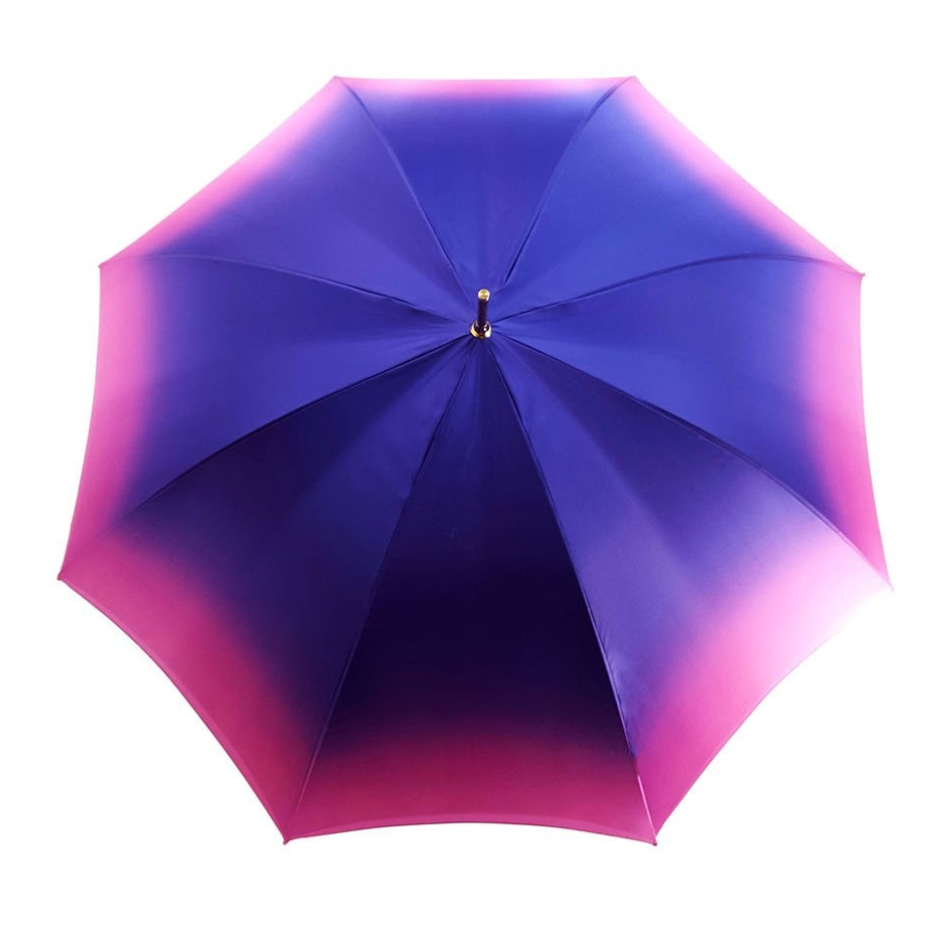 Vibrant pink and blue double canopy rain umbrella by Ilmarchesato with artistic interior design, open to showcase colorful canopy and details.