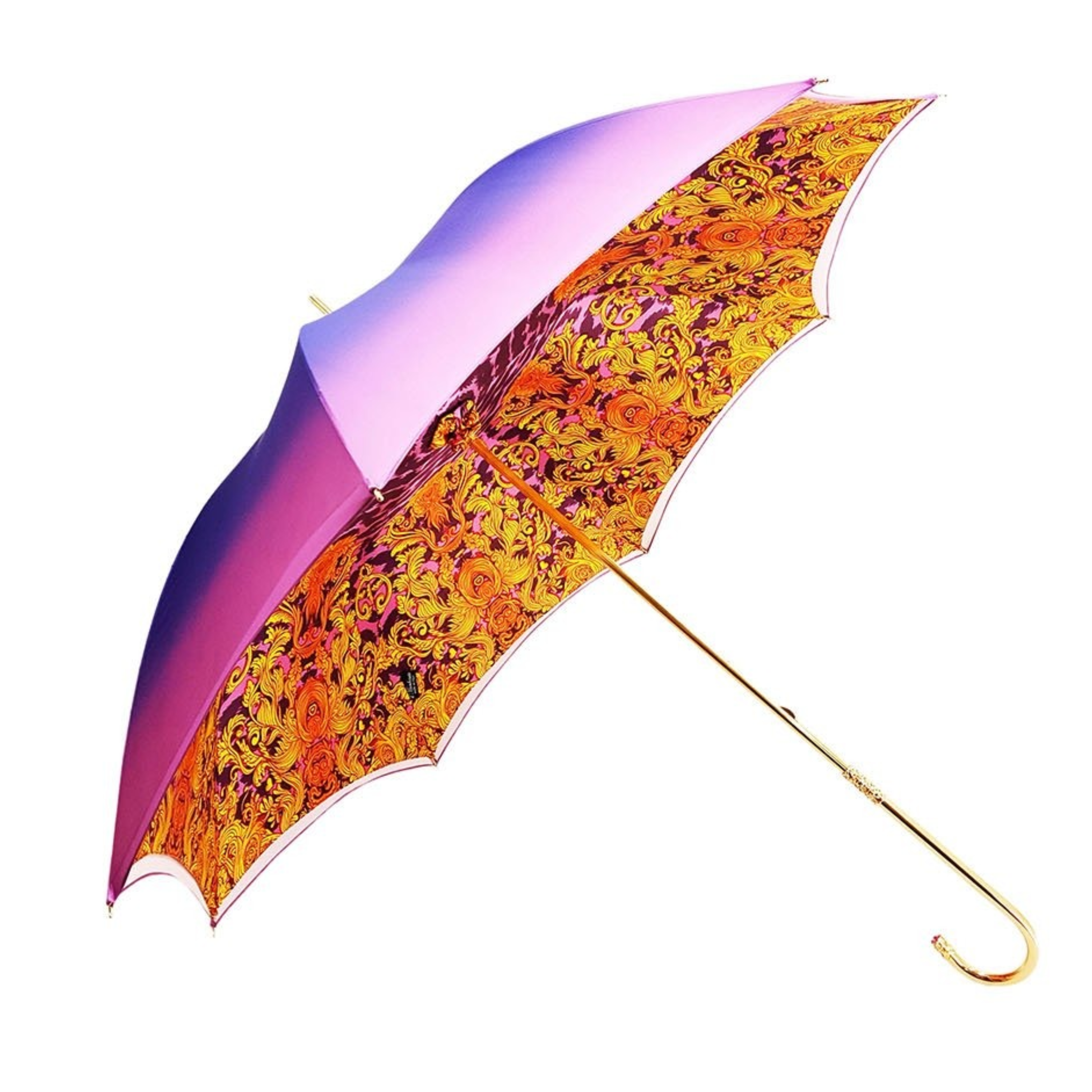 Vibrant pink and blue double canopy rain umbrella with artistic interior design by Ilmarchesato, open to show colorful fabric.