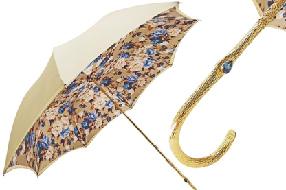 Ilmarchesato chic cream satin floral rain umbrella with light blue flower interior, elegant and stylish for rainy days
