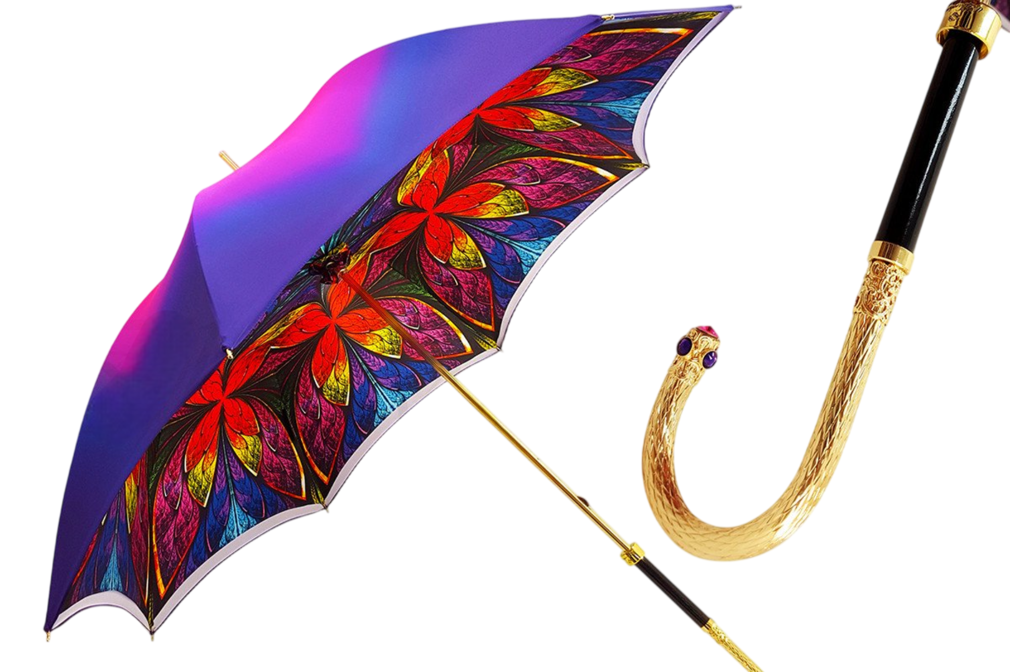 Elegant women’s double cloth umbrella with a Swarovski handle, showcasing a sophisticated design by Ilmarchesato.