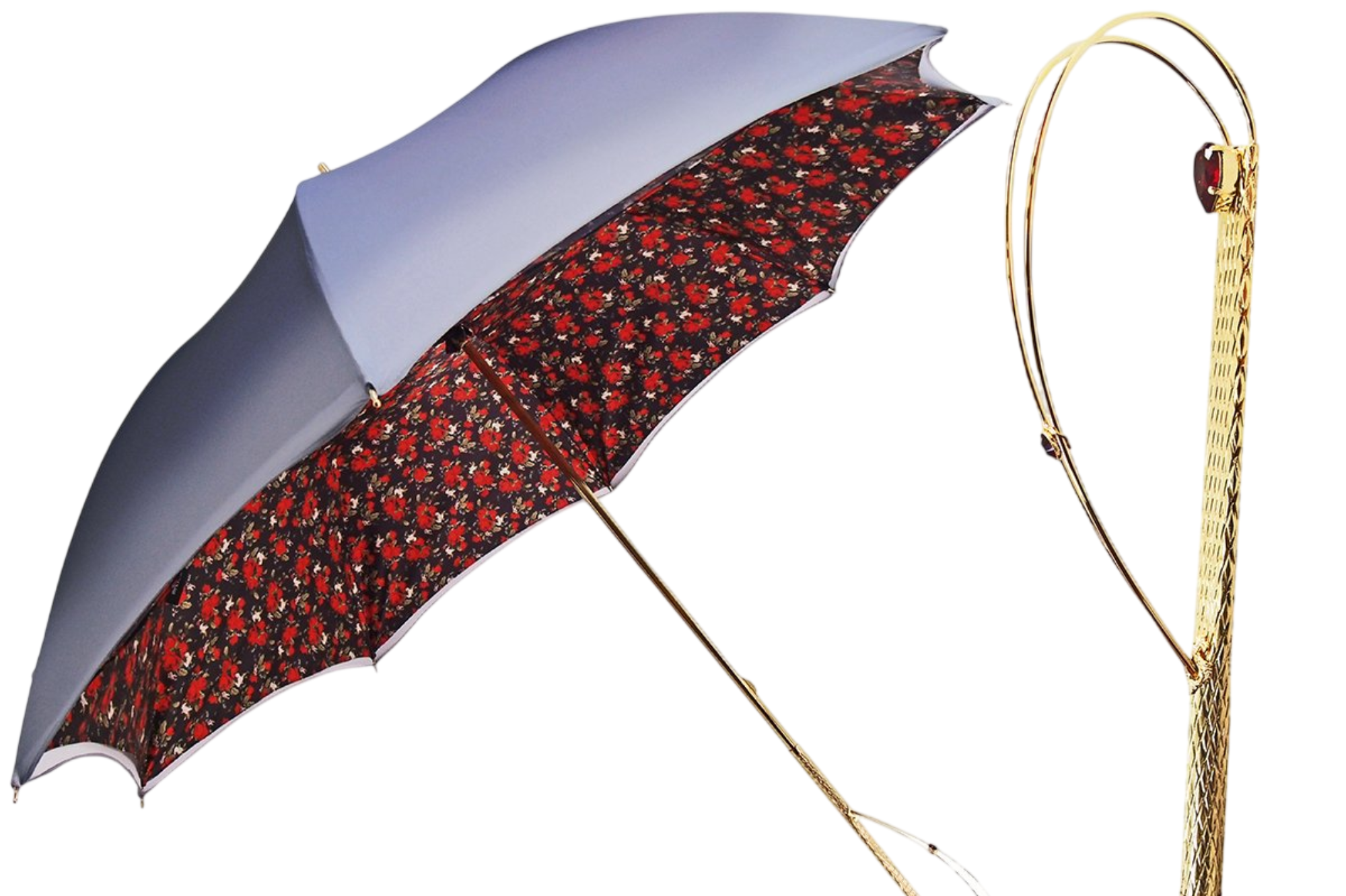 Gradient grey double canopy floral umbrella with a Swarovski handle by Ilmarchesato, showcasing its elegant design.