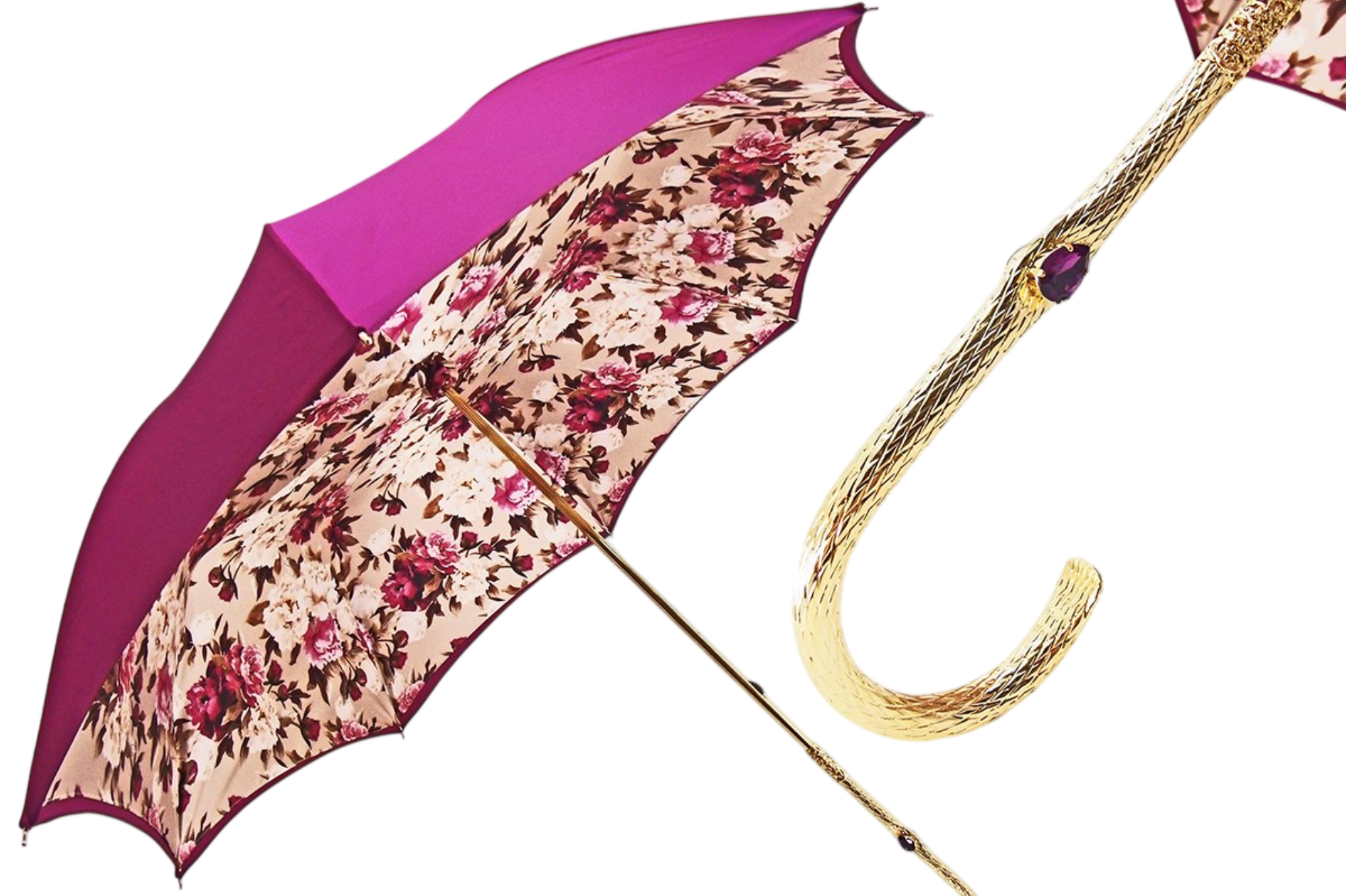 Fuchsia flowered double canopy luxury umbrella by Ilmarchesato, showcasing vibrant floral design and sturdy construction.