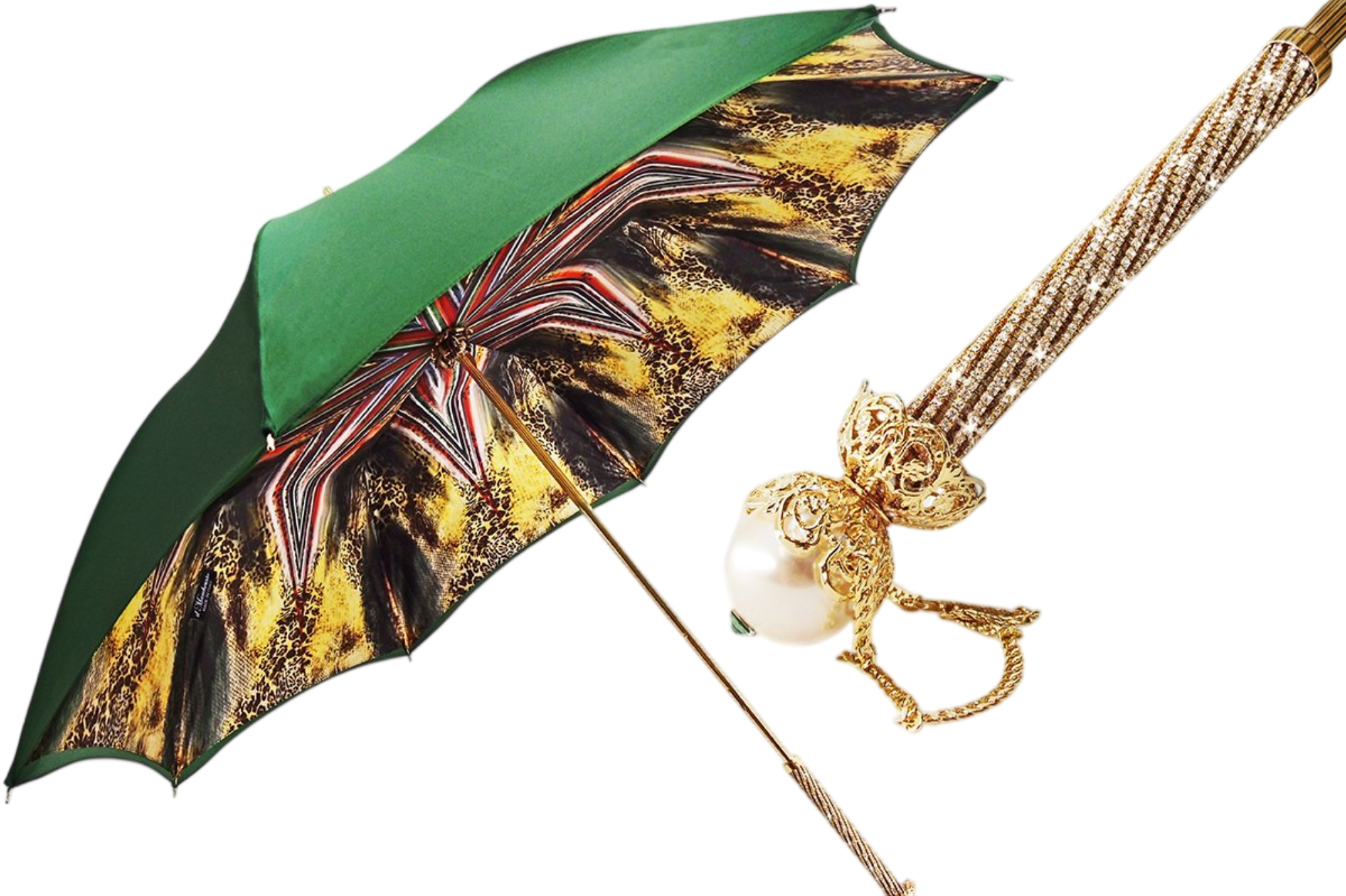 Green satin women's umbrella by Ilmarchesato with geometric print interior, showcasing its elegant design and functionality.