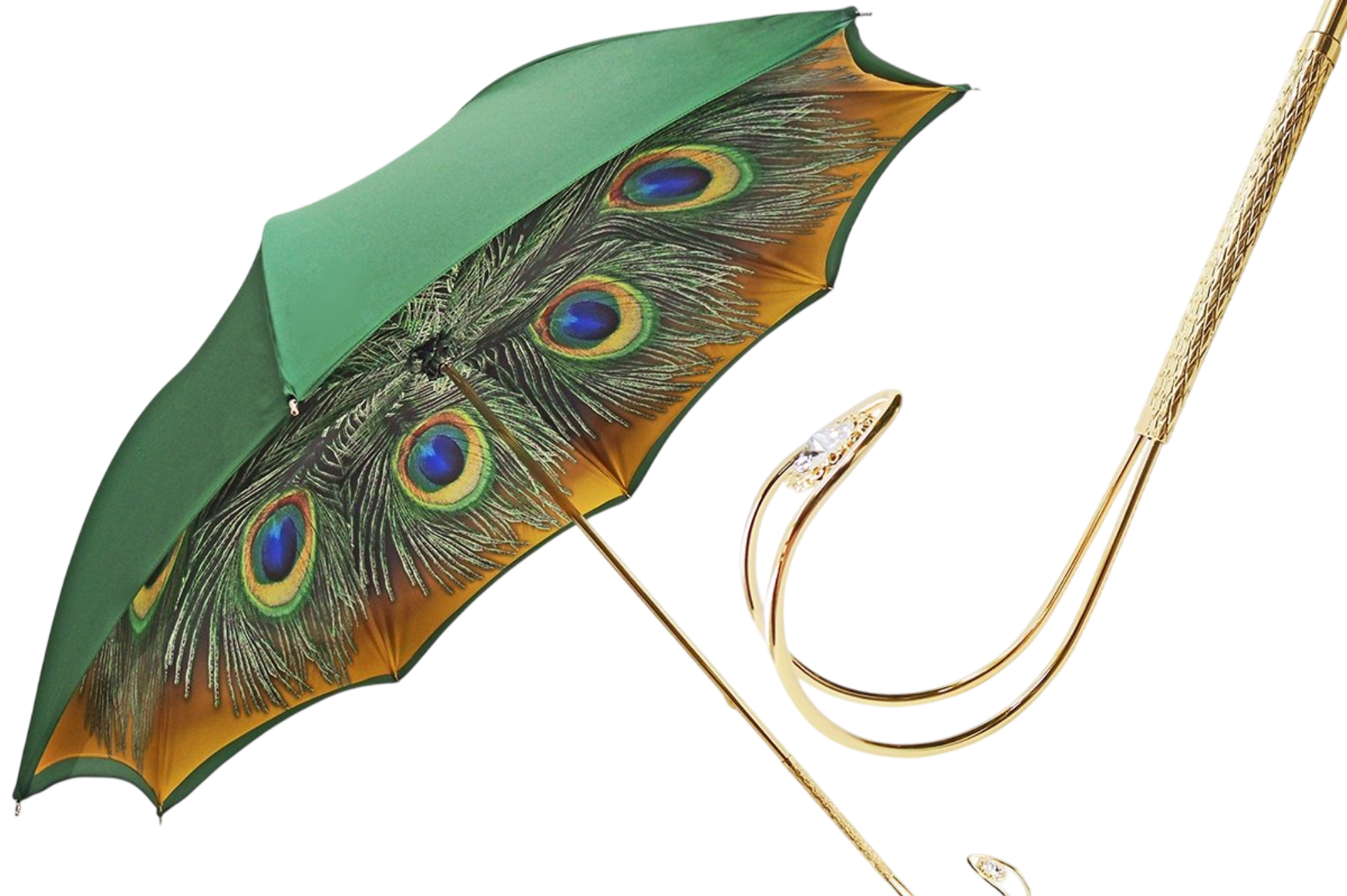 Green satin women's rain umbrella featuring a vibrant peacock feather print by Ilmarchesato.