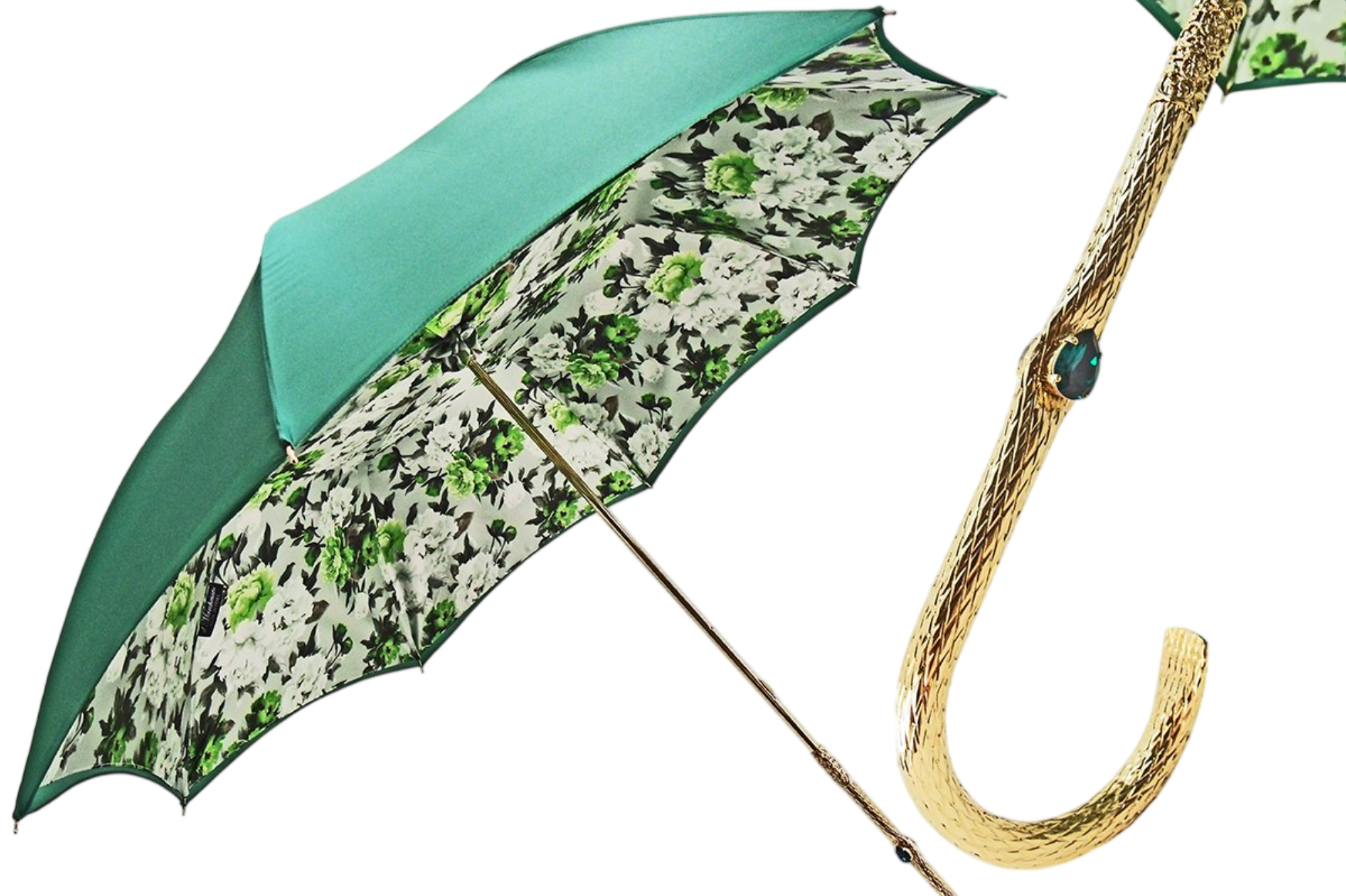 Green satin flowered umbrella for women featuring a Swarovski handle by Ilmarchesato, elegantly displayed open.