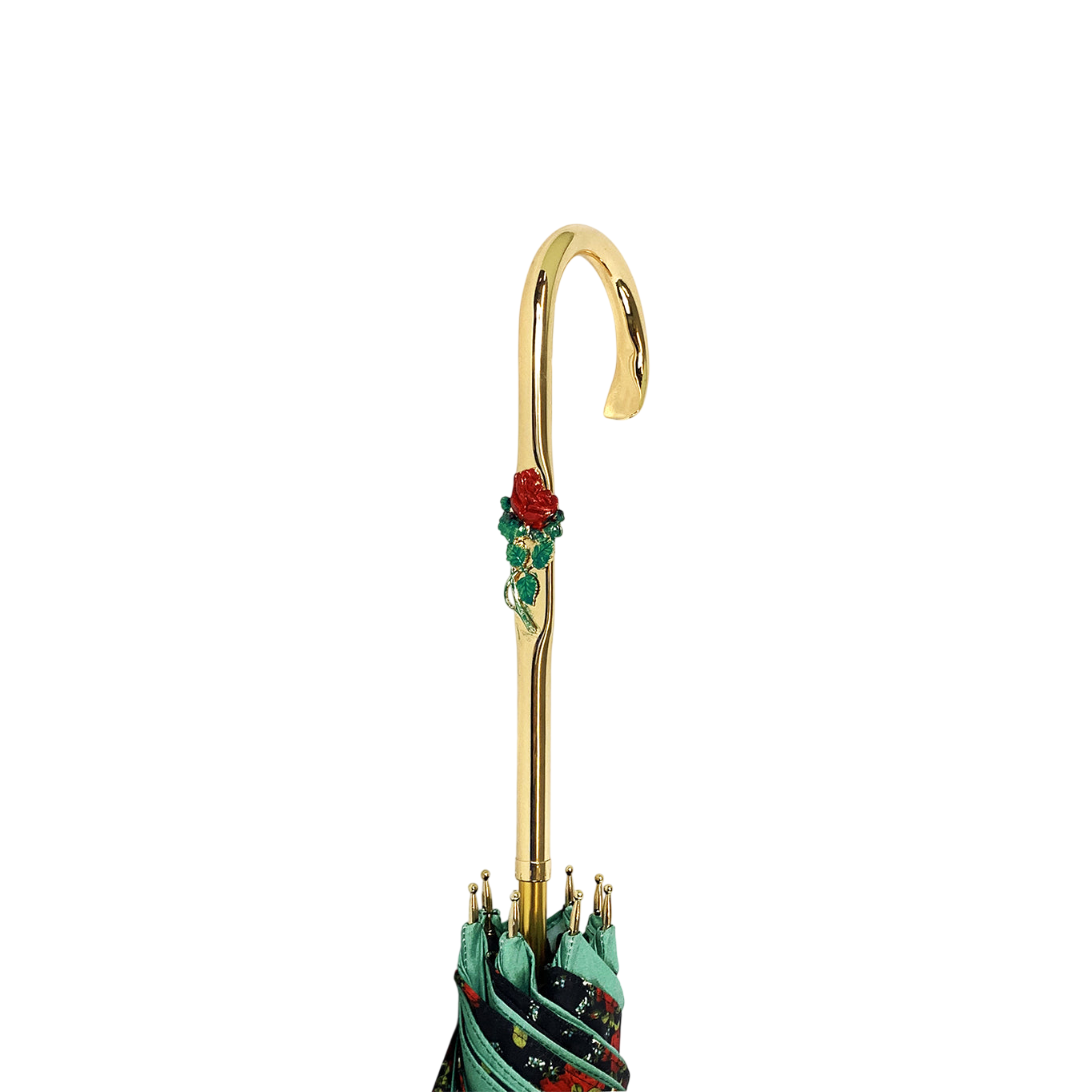 Gradient green luxury umbrella featuring an enamel rose handle by Ilmarchesato, open against a neutral background.