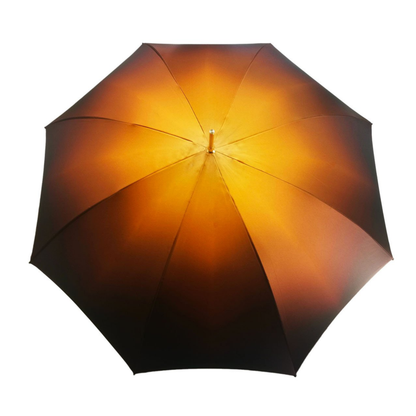 Luxury brown satin double canopy umbrella by Ilmarchesato featuring a vibrant Gerbera interior design.