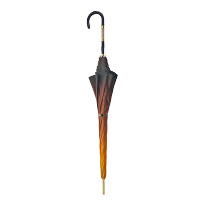Luxury brown satin double canopy umbrella with vibrant gerbera interior, showcasing elegant design and sturdy construction.