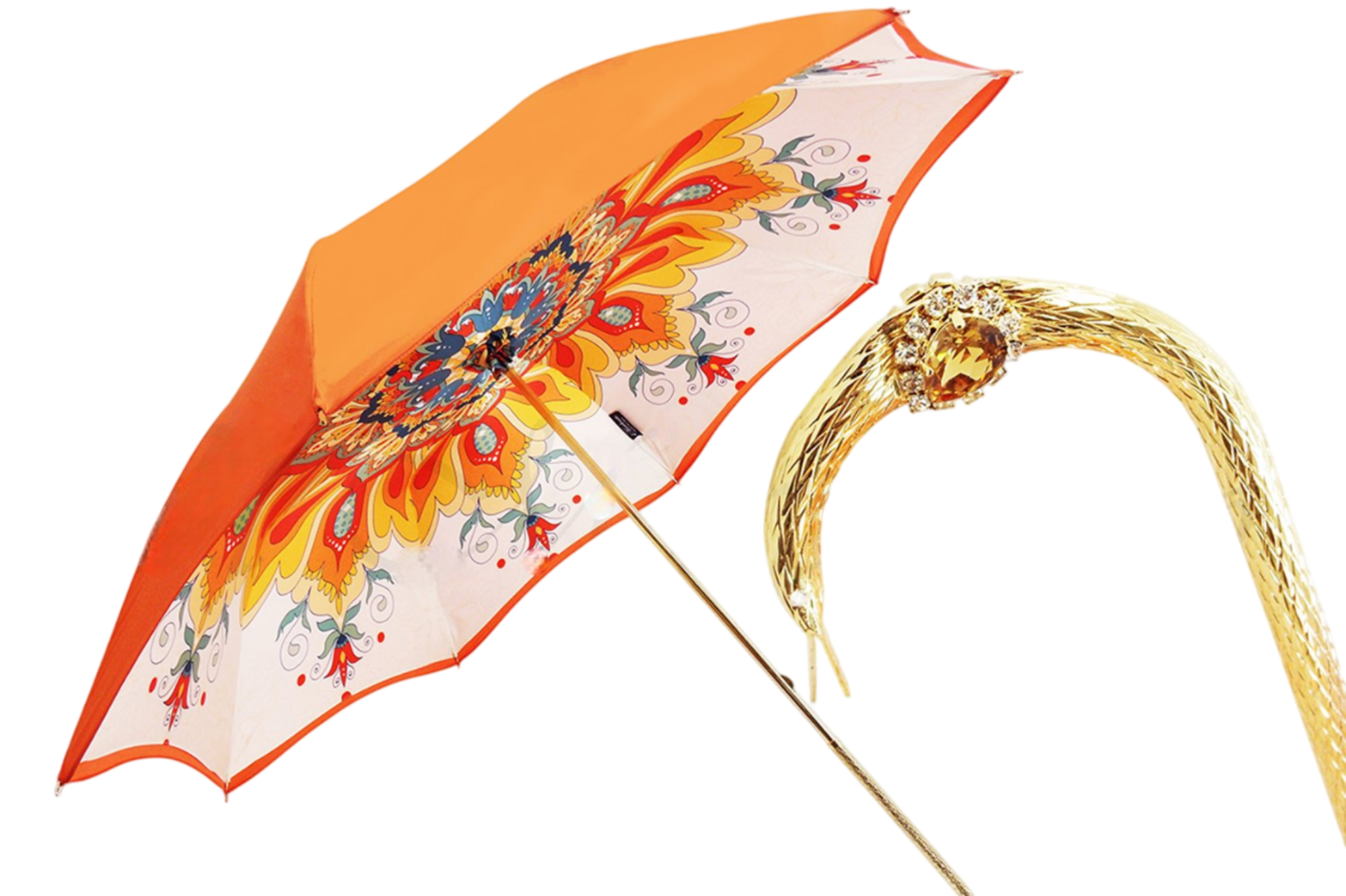 Ilmarchesato orange double canopy luxury umbrella with multicolored interior design, open against a clear sky.