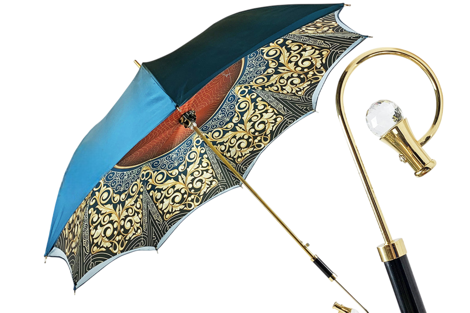 Petrol blue Ilmarchesato luxury umbrella featuring an ornamental interior design, open against a neutral background.