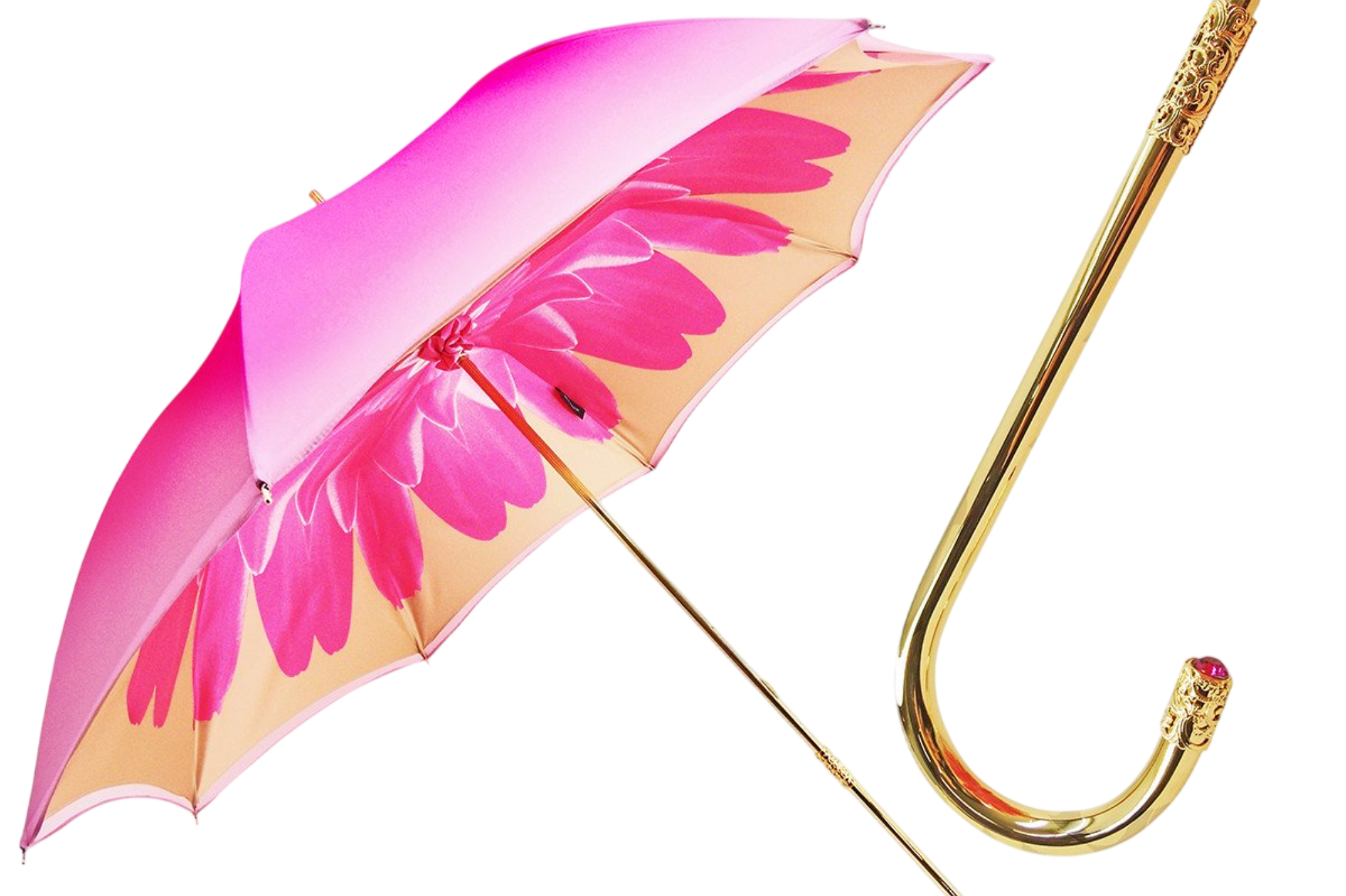 Pink Dahlia double canopy luxury umbrella for women by Ilmarchesato, showcasing elegant floral design and sturdy structure.