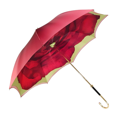 Burgundy Rose double canopy luxury rain umbrella for women with floral pattern and sturdy handle, by Ilmarchesato.