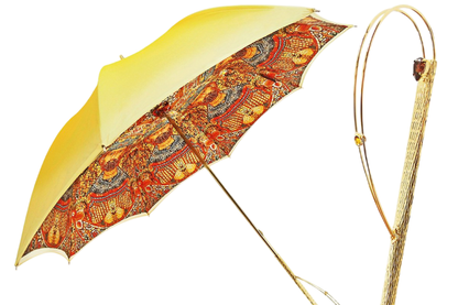 Gradient yellow double canopy luxury umbrella with Byzantine print by Ilmarchesato, showcasing its unique design and color.