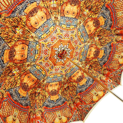 Ilmarchesato gradient yellow double canopy umbrella featuring a Byzantine print design, perfect for rain protection.