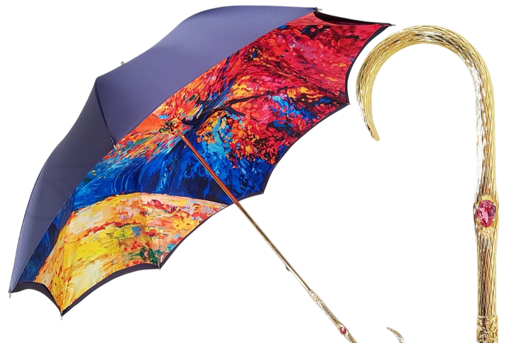 Dark blue Ilmarchesato luxury rain umbrella with double canopy and artistic interior design, showcasing intricate patterns.