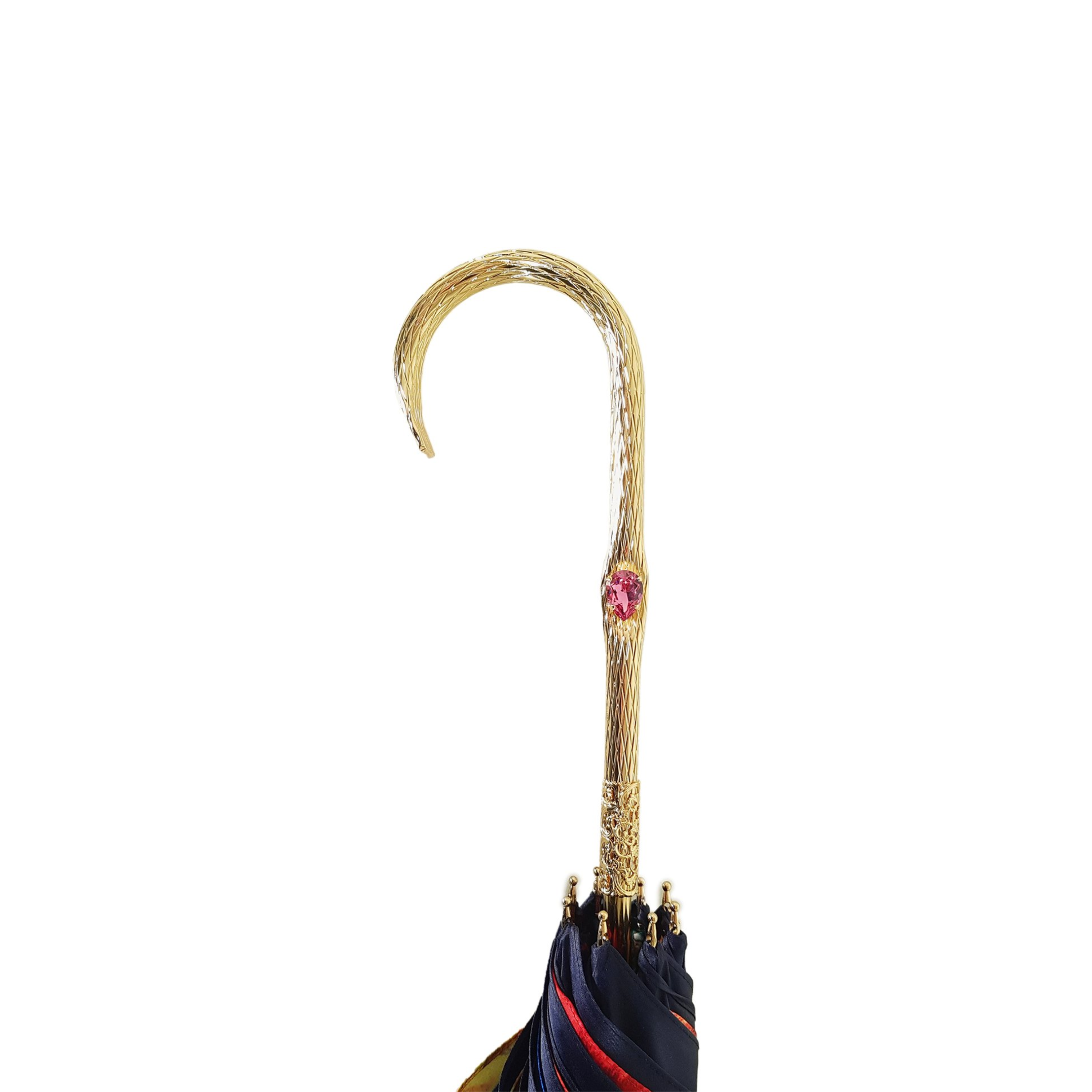 Dark blue double canopy luxury rain umbrella with artistic interior design by Ilmarchesato, showing the detailed canopy pattern.