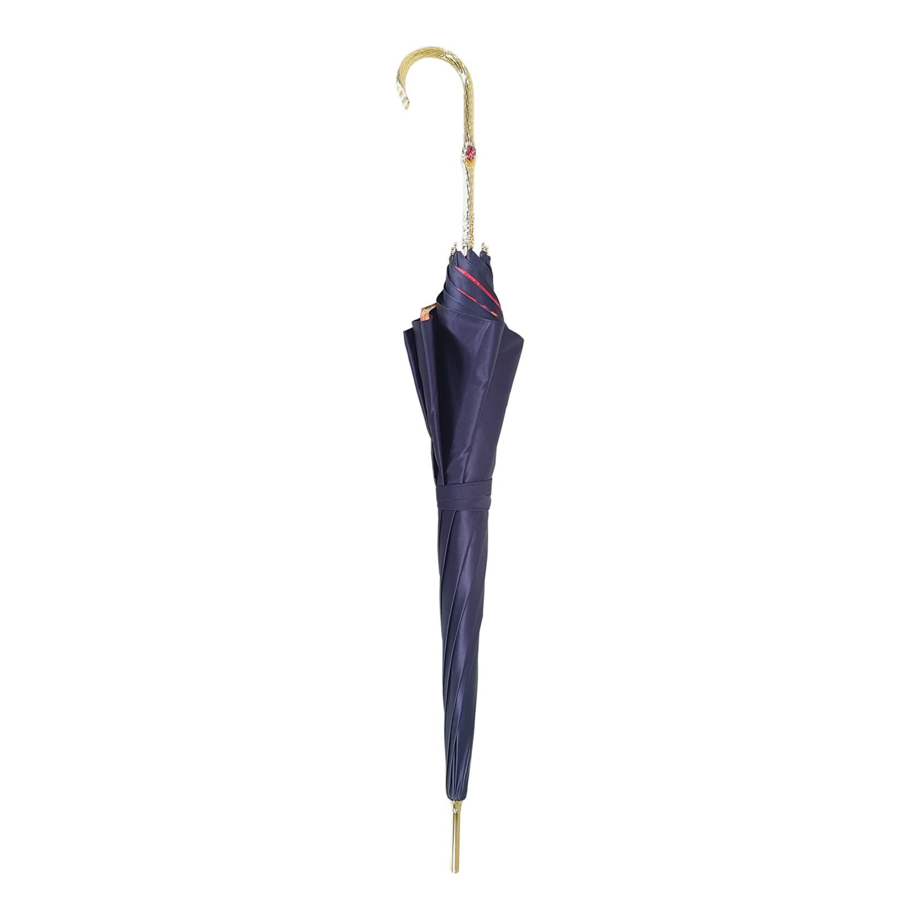 Dark blue Ilmarchesato rain umbrella with double canopy and artistic interior design, showcasing a stylish and durable rain protection accessory.