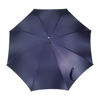 Dark blue Ilmarchesato luxury rain umbrella with double canopy and artistic interior design, showcasing elegant craftsmanship and style.