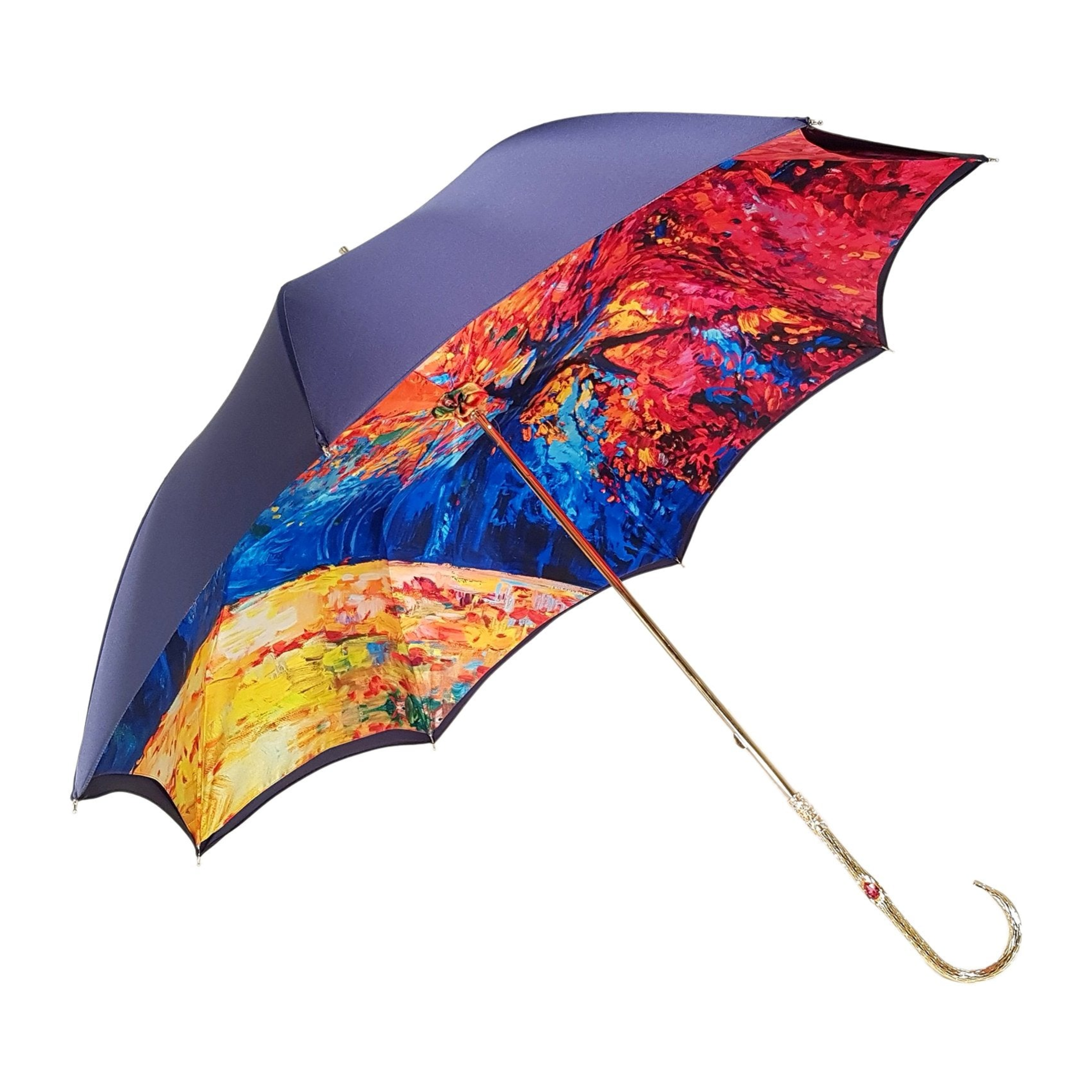Dark blue double canopy luxury rain umbrella by Ilmarchesato with artistic interior design, open to show detailed interior artwork.