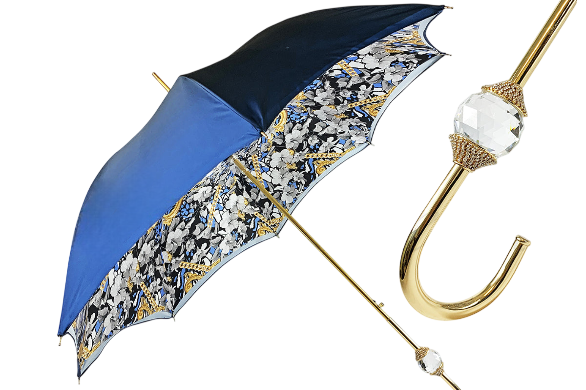 Navy blue luxury umbrella by Ilmarchesato featuring a Swarovski crystal sphere handle, elegantly opened against a neutral background.