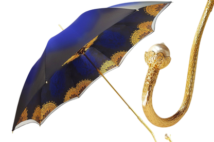 Blue satin double canopy luxury rain umbrella with pearl handle, stylish design and sturdy frame by Ilmarchesato.